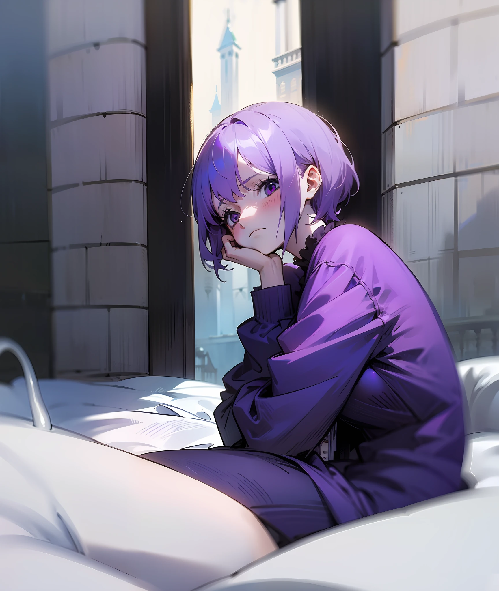1girl, purple hair, short hair, bangs, eyes covered by hair, tired, sad, depressed, emotionless, cold, purple clothes, castle, pale skin