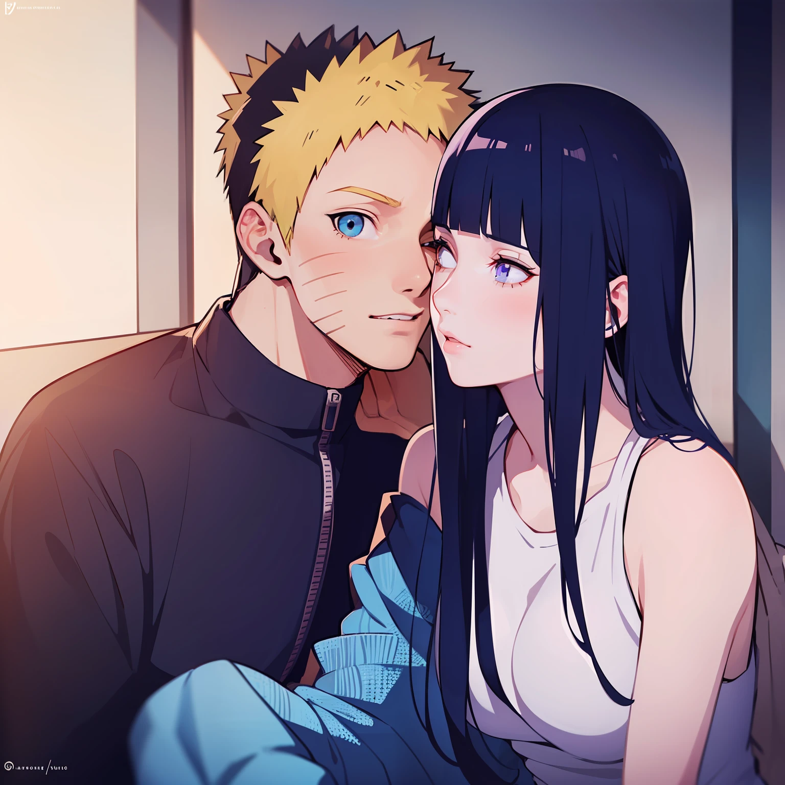 ((Realistic lighting, Best quality, 8K, Masterpiece: 1.3)), Clear focus: 1.2, 1girl, 1 boy, blunt bangs girl, dark blue haired girl, blonde man, blue eyes man, purple eyes girl, standing, couple, naruto and hinata, beautiful and handsome, naruhina