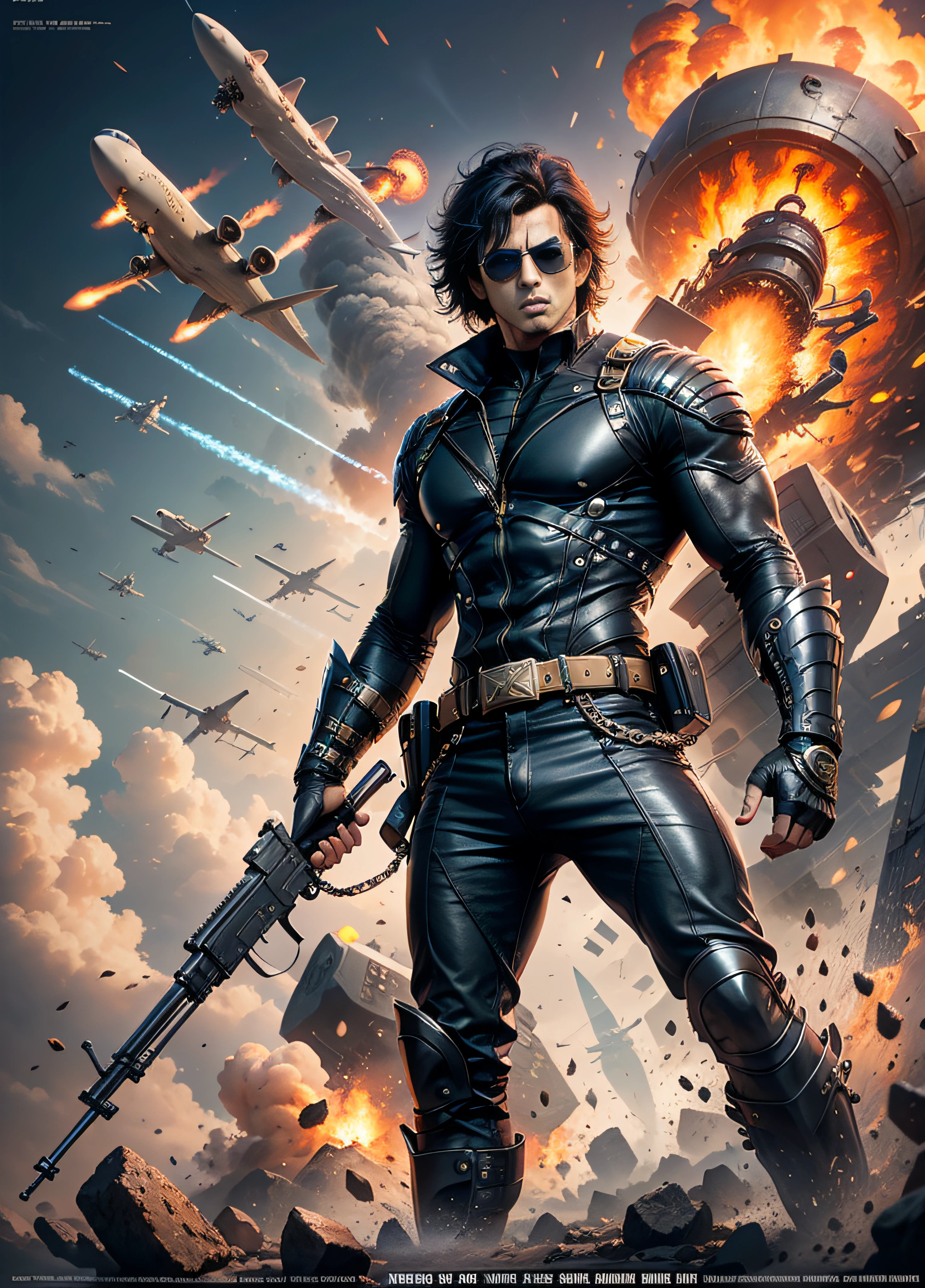 Movie poster krrish, sunglasses, rivets, explosions, guns, planes, one person, full body.