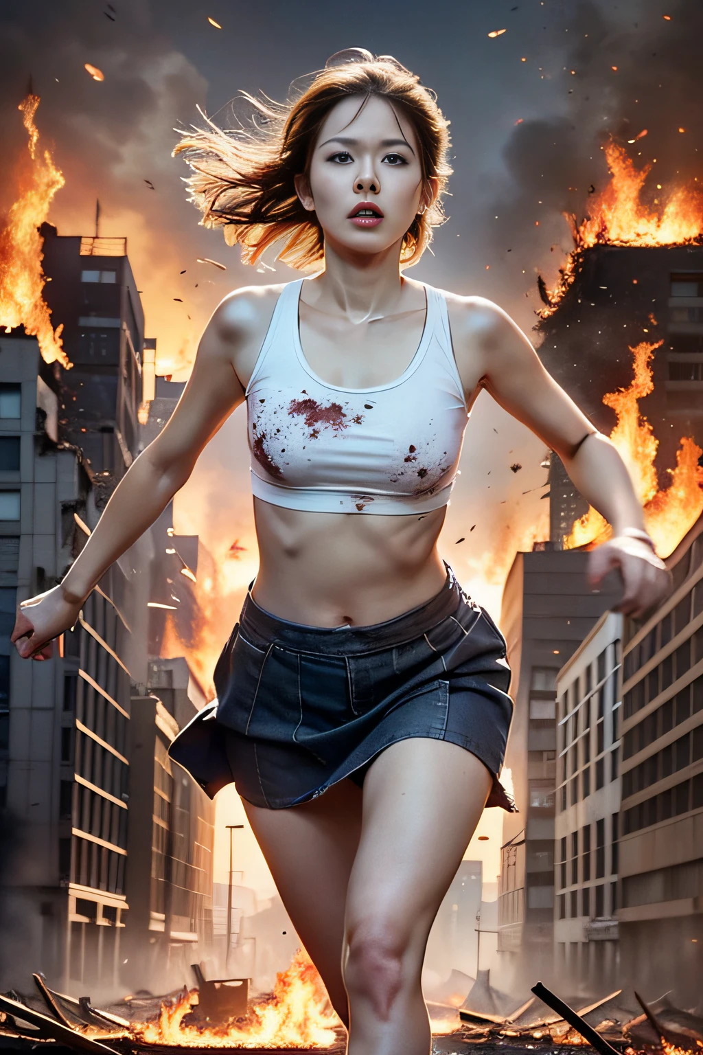 The heroine of the movie "GODZILLA Godzilla". A white woman desperately fleeing from Godzilla in a devastated Los Angeles, hair disheveled, tank top stained, skirt torn, running through rubble. Crumbling buildings, burning flames, white skin, smooth skin, stunningly beautiful face, detail, photorealistic, 8K.