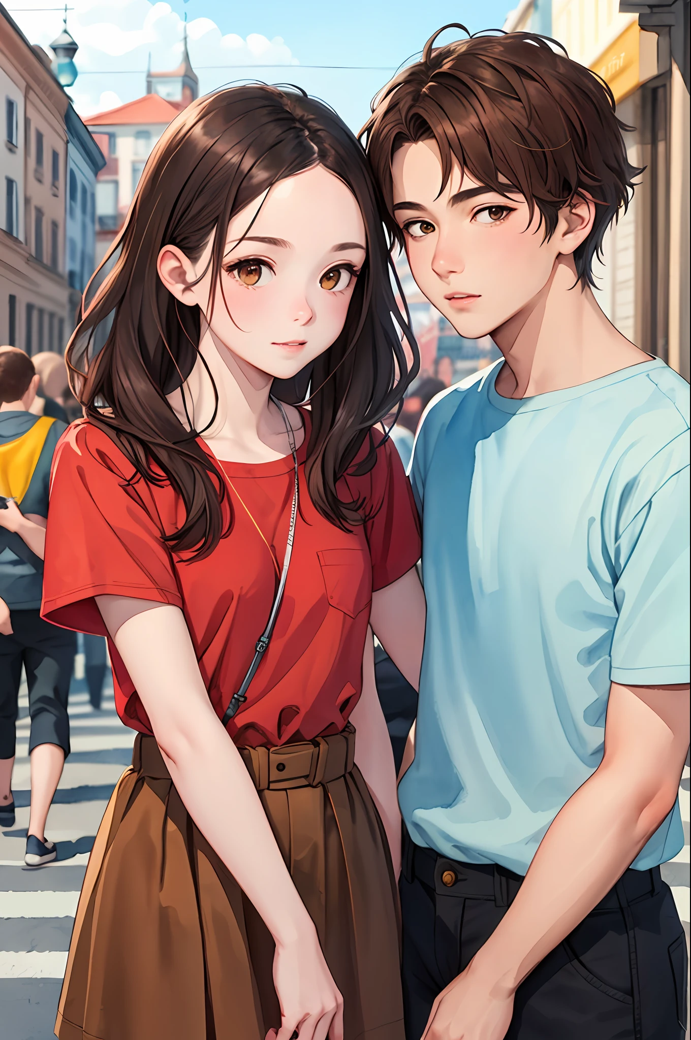 Semi-realistic, 2.5D, detailed, flat color only, illustration, line art, watercolor, highest quality,
Detailed background, 2 people, 1 man (open forehead, short hair, black hair) and 1 woman (brown hair, long hair) euro_street people, random_wear people,