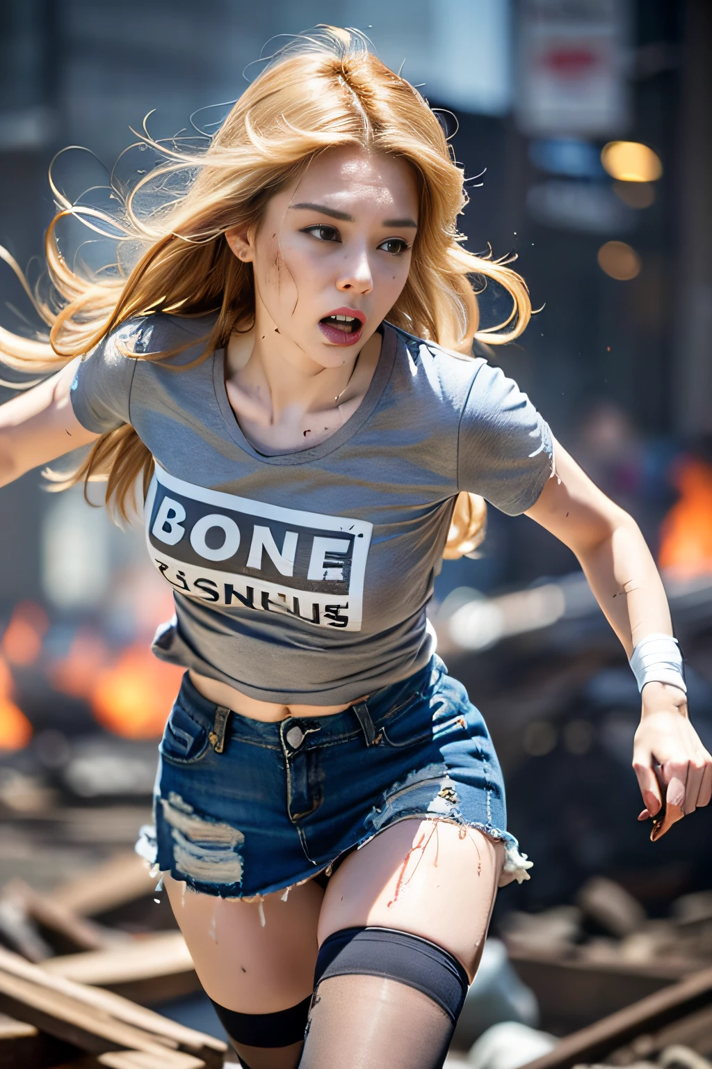 The heroine of the movie "GODZILLA Godzilla". A white woman desperately fleeing from Godzilla in devastated Los Angeles, (((Hair disheveled, soot stained all over, soaking wet, T-shirt torn, miniskirt ripped, running through the rubble looking frightened. Her thighs are covered with dirty bandages and her whole body is covered with wounds))). Crumbling buildings, burning flames, blonde hair, smooth skin, stunningly beautiful face, detail, photorealistic, 8K