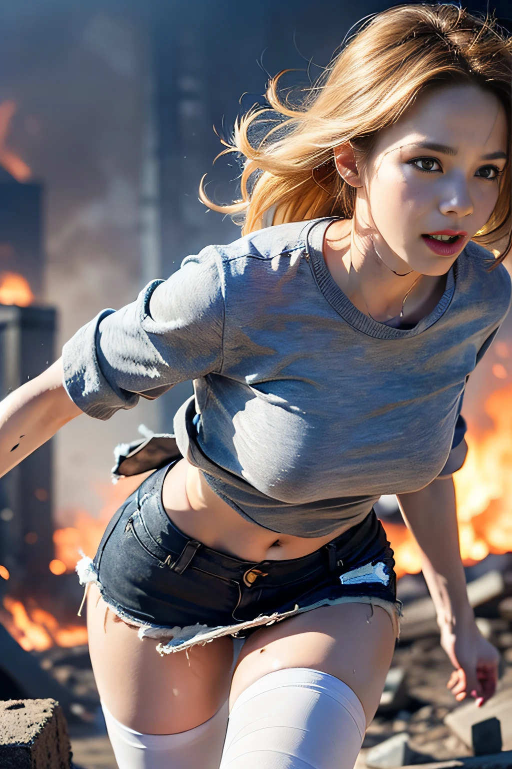 The heroine of the movie "GODZILLA Godzilla". A white woman desperately fleeing from Godzilla in devastated Los Angeles, (((Hair disheveled, soot stained all over, soaking wet, T-shirt torn, miniskirt ripped, running through the rubble looking frightened. Her thighs are covered with dirty bandages and her whole body is covered with wounds))). Crumbling buildings, burning flames, blonde hair, smooth skin, stunningly beautiful face, detail, photorealistic, 8K