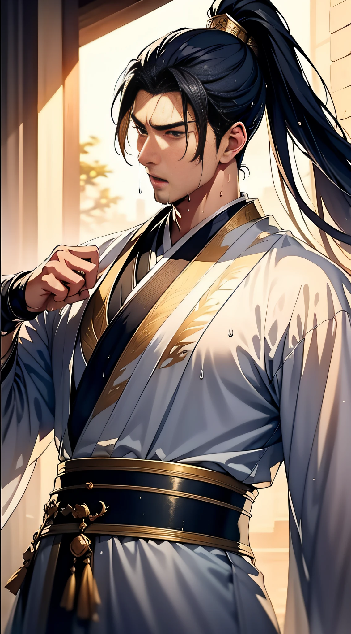 Two-dimensional, anime style, man (male warrior), muscle, correct proportions, face details, martial arts, high ponytail hairstyle, sweating, sweaty face, drooling, neck details, with Adam's apple, wet, wet, Hanfu costume, long robe, embroidered robe, dragon robe, clothing details, collar, long sleeves, game quality, swordsman demeanor, light and shadow tracing, ray tracing, detail glow, CG rendering, hair details, long black hair, golden eyes, sweaty face, handsome, handsome, sweat beads slipping down the neck, (juvenile feeling), complex clothing, wet, wet, perfect composition, refinement, high quality, more details, a lot of details, complex background, atmosphere,