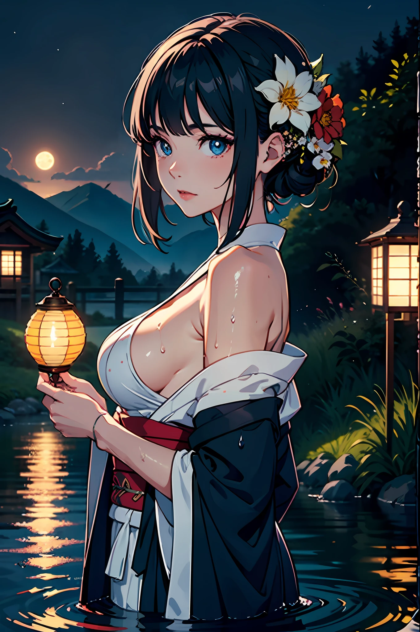 1girl, breasts, moon, lantern, night, solo, large breasts, hair ornament, wet, kimono, japanese clothes, wading, water, hair flower, flower, outdoors, sky, full moon, rain, black hair, off shoulder, mountain, cloud, holding, sash, bare shoulders, paper lantern, standing, white kimono, night sky, sideboob, obi, wet clothes, bangs, tree, from side, reflection, short hair, cloudy sky, wet hair (((masterpiece),(extremely detailed CG unity 8k wallpaper),best quality,,solo,1girl,cinematic lighting,detailed background,beautiful detailed eyes,bright pupils, (an extremely delicate and beautiful),(Beautiful and detailed eye description)， ultra-detailed,masterpiece,)),