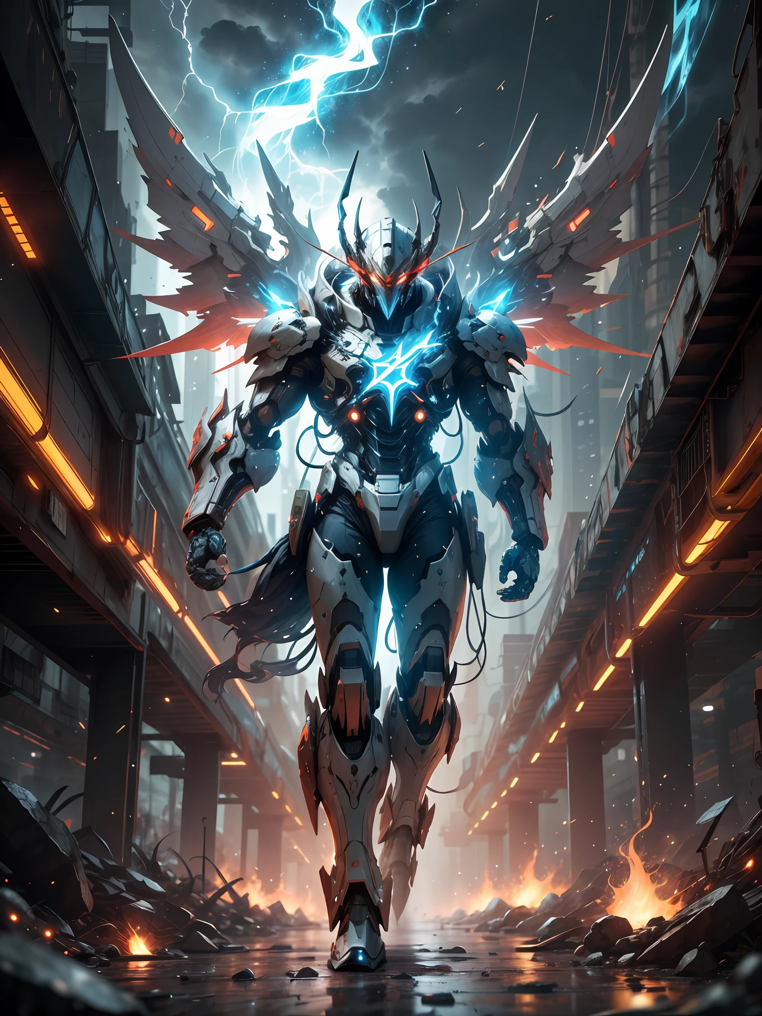 Red Ghost Hunter, Super Cool Ghost Killer, Has Huge Mechanical Wings, Wearing Red Mechanical Armor, Lightning Surrounding, Fists Clenched, Imposing Walking, Frontal Perspective, Perfect Body Proportions, Tall Figure, Full Body Shot, Super Detail, Realistic, Shiny, Reflective, Bioluminescence, Galactic Cybernetics Mask, Mecha, (Executioner: 1.2), Cape, SH4G0D, GlowingRunes_red, Full Body, Movie, Dark Background, Backlight, High Contrast,
