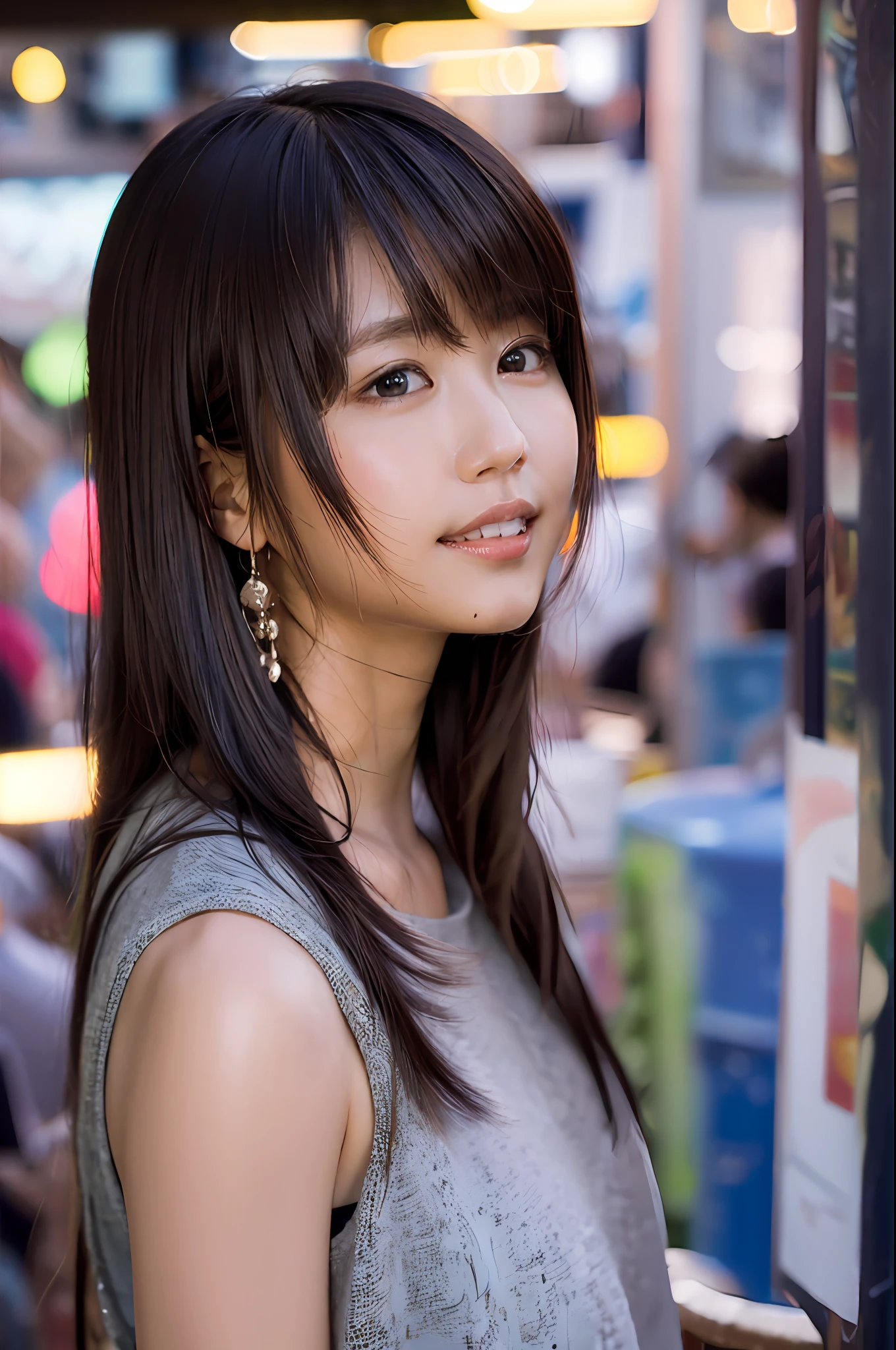 (8k, RAW photos, super high quality, super detailed CG Unity 8k wallpaper, masterpiece: 1.2), one girl, 3D,The depth of field in the photo was perfect and the lens flare added a nice touch,looking at the viewer with affectionately,smile,super beautiful detailed eyes, accurate shiny iris depiction, pupils are black and abyss, water-based humor shine, ultra-detailed eyelashes, Very slightly black-rimmed iris,beautiful hair,ultra-detailed hairs,precise shading of hair, Delicate hair tips,professional make-up,ultra-detailed lip,Accurately depicted lip wrinkles,Beautiful glossy lips,wearing small jewelry earrings, short hair, (Slightly sweaty skin:0.8),sleeveless clothing, the precision of the shadows created on the clothes, chiaroscuro, realistic, fashionable Cafe terrace with many antique accessories ,Nearby fountain
