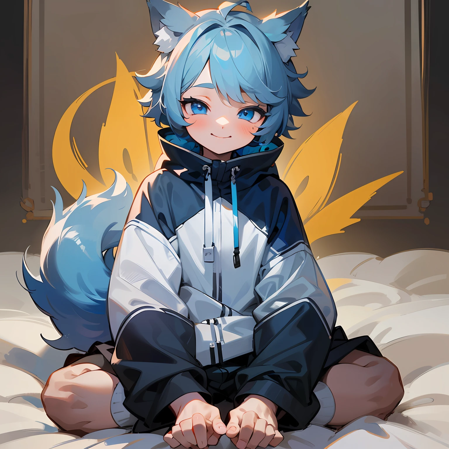 (1boy), (Shota), (HD quality, masterpiece level), cute character, dark gray hair, blue eyes, (wolf ears), (wolf tail), one tail, (no ears), litt, (ears covered), (hair covered ears), a pinch of blue bangs, full body picture, chubby face, happy, cute feet, cute face, solo,