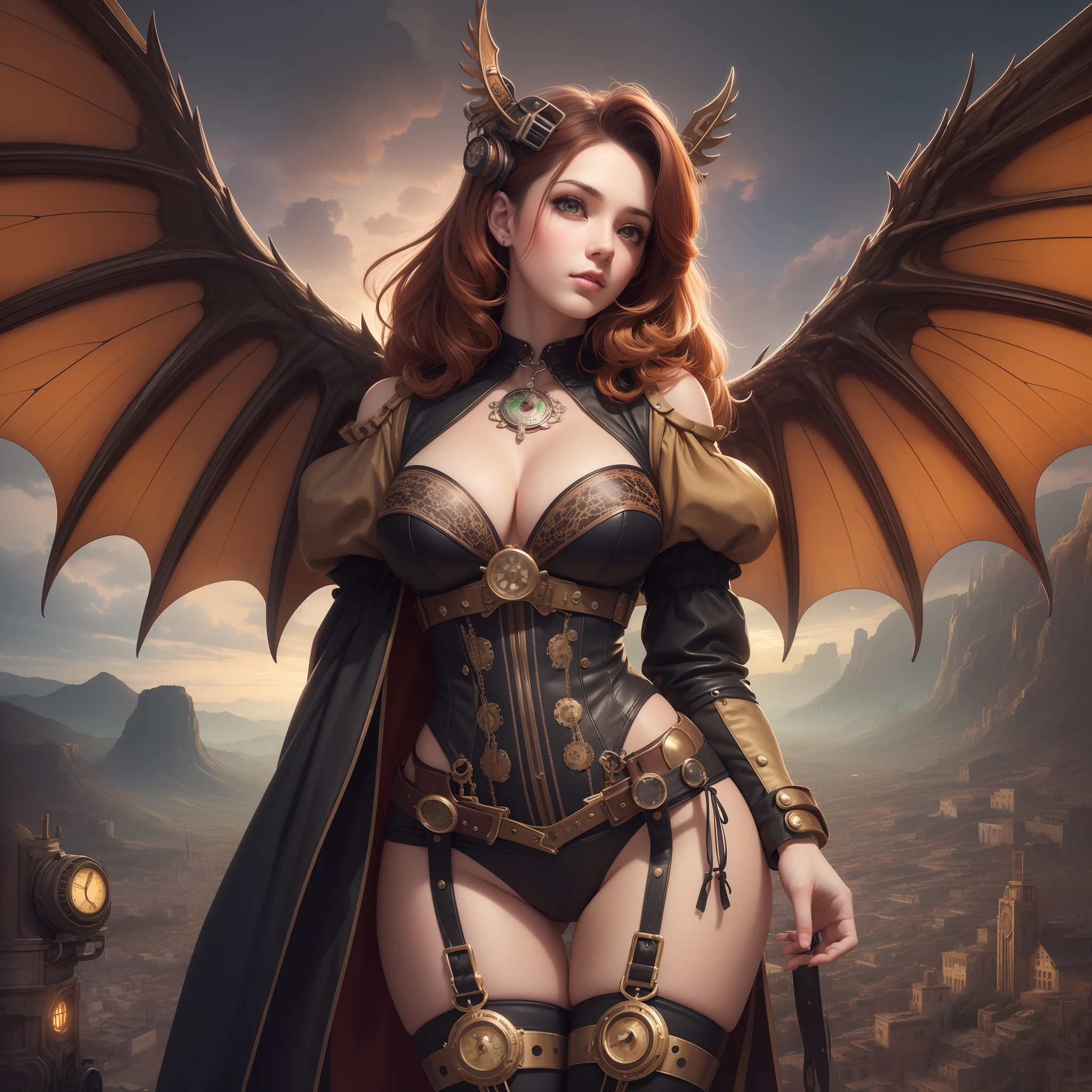 (masterpiece, best_quality, ultra-detailed, immaculate:1.3), epic, illustration, 1girl, (steampunk Vaporwave:1.3) succubus, wings, full body, lingerie, [:formal costume design,:0.2], official art, (african, dark skin:0.6), dramatic dark red-orange lighting , in a moody, verdant meadow with rolling hills, bombshell hair, ginger hair, Emo Cut,bombshell hair, paw pose