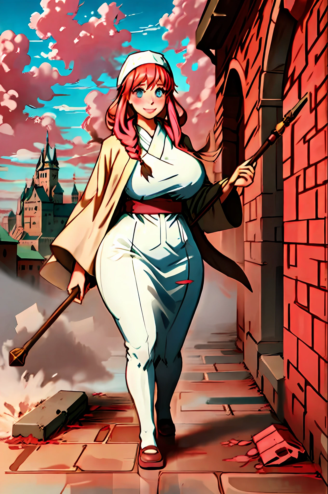 makima, wizard robes, holding staff, smiling, blush, castle, brick floor, medieval, dust, fog, sunny, clouds, s, walking, full body, huge breast, thicc, blue eyes, priestess