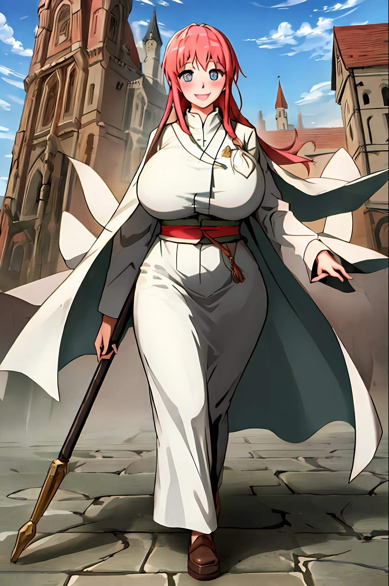 makima, wizard robes, holding staff, smiling, blush, castle, brick floor, medieval, dust, fog, sunny, clouds, s, walking, full body, huge breast, thicc, blue eyes, priestess