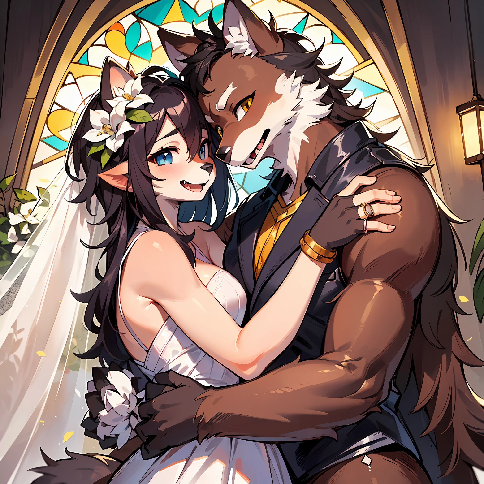 Top quality, ultra-fine illustrations(associations, colorful stained glass with shimmering light, kaleidoscope, wedding aisles lined with jewel-like lamps)(very detailed and beautiful faces, very detailed and beautiful eyes, eyes with lively brilliance)absurdres, perfect anatomy(angelic cute 1girl, kemono, angelic handsome 1boy, couple)(happy wedding, husband in tuxedo, beastman wife in wedding dress, husband hugging wife's shoulders, Two people staring at each other and smiling, wedding photo, bouquet of beautiful flowers, shining wedding ring on ring finger)(furry anthro:1.7)(furry body, animal face features, animal body features)(very detailed fur)full body, smile, kiss (dynamic pose),
