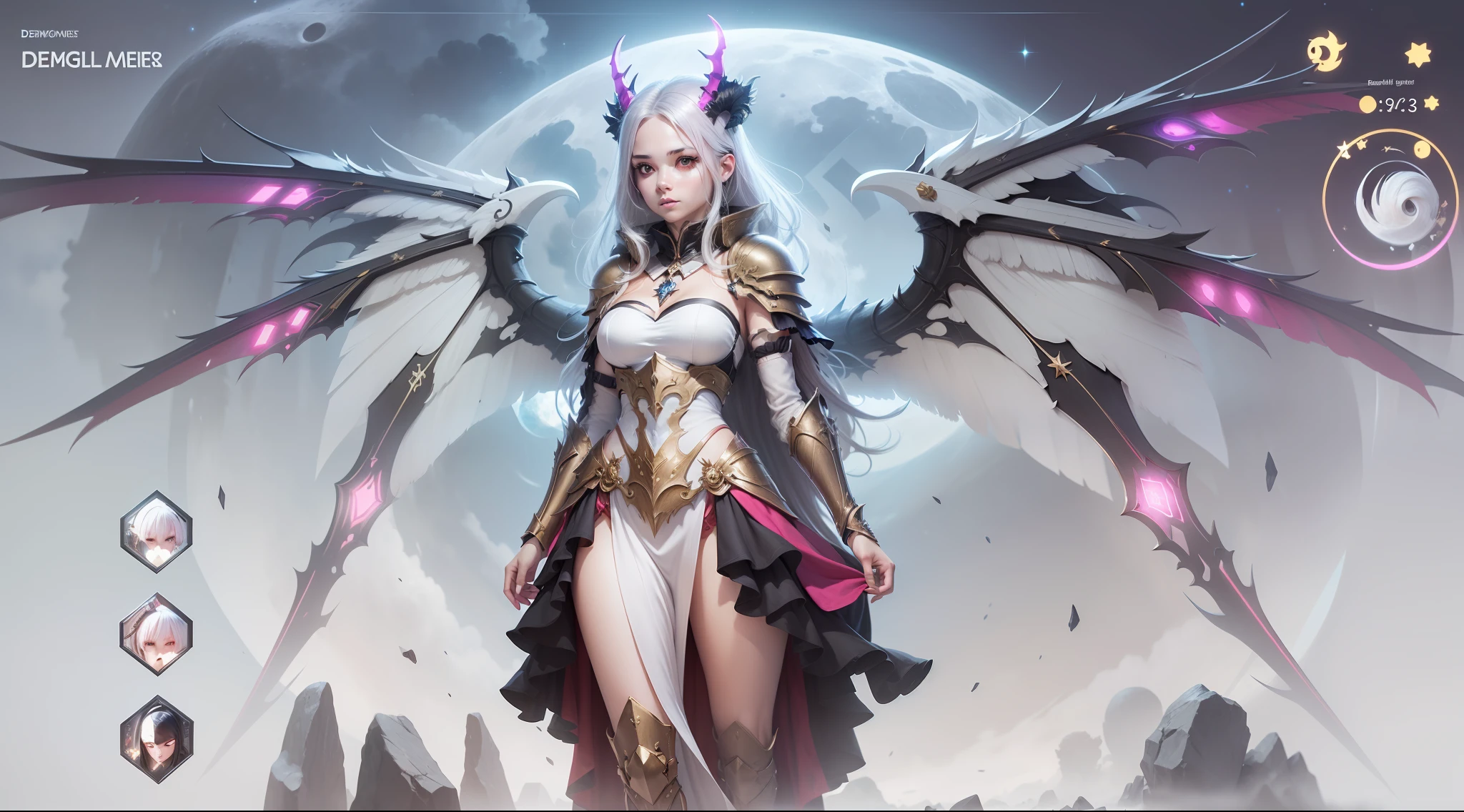 Demonenangel with horns and a heavy cybe armor in the colors white dark pink standing in front of a full moon, moon clothing, fantasy outfit, in-game render, astral witch clothing, highly detailed full body, anime very detailed, clear outfit design, hair color white dark pink, 8k octane render photo, beautiful celestial demonin with large black cyborg wings on both sides