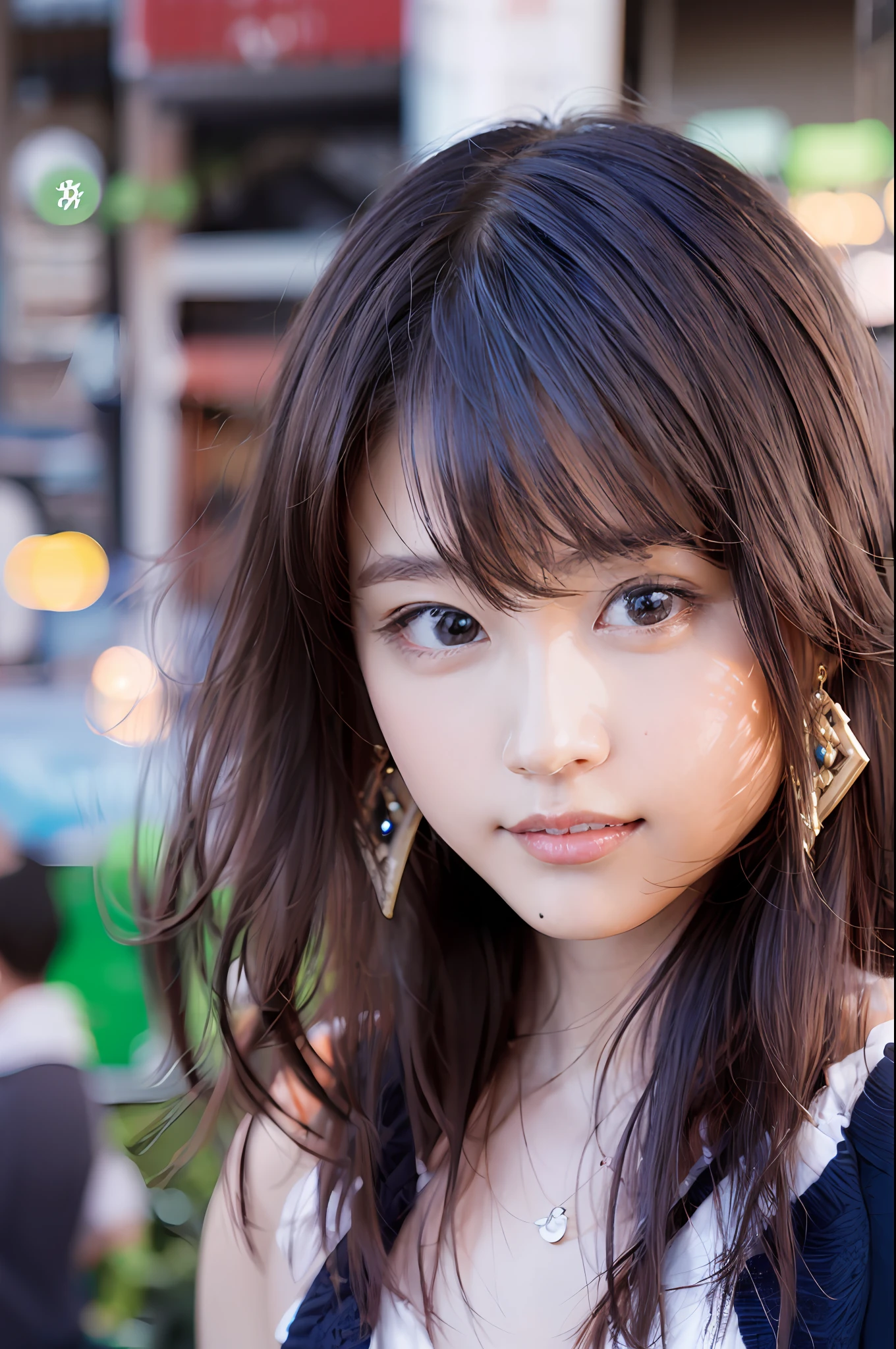 (8k, RAW photos, super high quality, super detailed CG Unity 8k wallpaper, masterpiece: 1.2), one girl, 3D,The depth of field in the photo was perfect and the lens flare added a nice touch,looking at the viewer with affectionately,smile,super beautiful detailed eyes, accurate shiny iris depiction, pupils are black and abyss, water-based humor shine, ultra-detailed eyelashes, Very slightly black-rimmed iris,beautiful hair,ultra-detailed hairs,precise shading of hair, Delicate hair tips,professional make-up,ultra-detailed lip,Accurately depicted lip wrinkles,Beautiful glossy lips,wearing small jewelry earrings, short hair, (Slightly sweaty skin:0.8),sleeveless clothing, the precision of the shadows created on the clothes, chiaroscuro, realistic, fashionable Cafe terrace with many antique accessories ,Nearby fountain