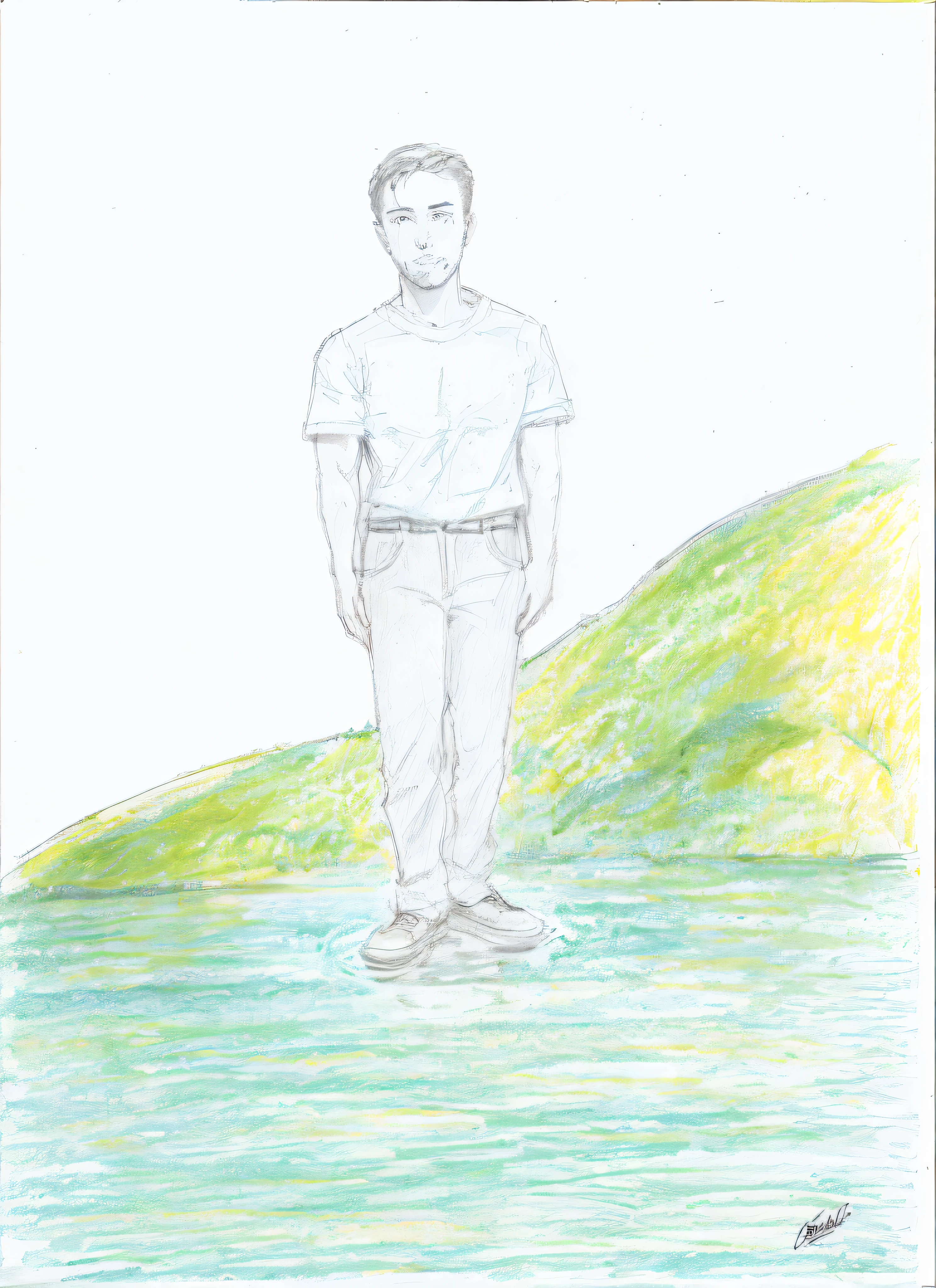 drawing of a man standing in the water with a green hill in the background, standing in a pond, distant full body view, standing in a lake, mid body portrait, standing next to water, man standing, portrait full body, standing on the water ground, full - body portrait, full-body portrait, full body portrait of a short!, full body portrait