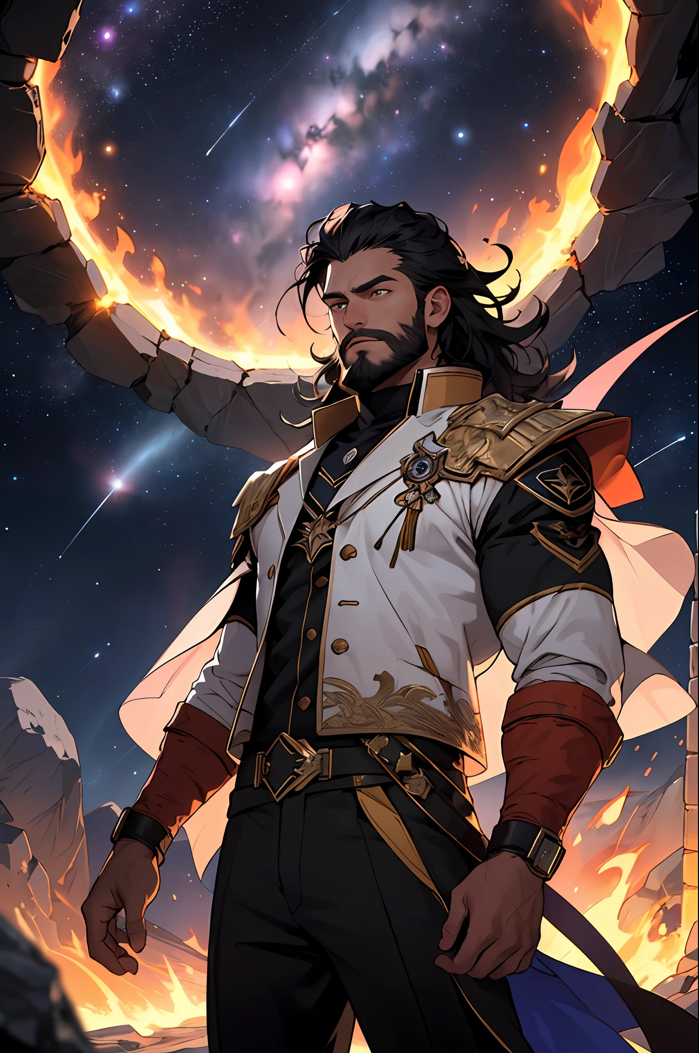 Draw a young man with very large hair falling in the middle of an asteroid belt. surrounded by several asteroids glowing with auras of fire. The dramatic illumination of distant stars and planets illuminates the scene, casting deep shadows on the costume. The young man seems confident and determined, looking at the vast and mysterious universe with admiration and respect, beard, cowboy shot,