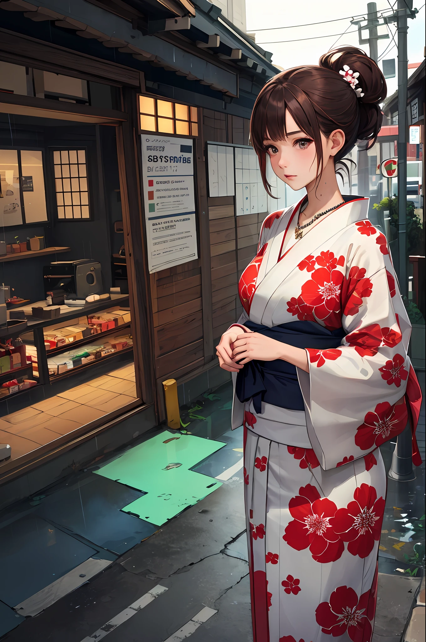 masterpiece, top quality, realistic, subsurface scattering, chromatic lighting,
Colorization, red + white + green + black limited color palette, detailed concept drawing, line art, illustration, brown hair, big breasts
fashion, printed yukata,
18 years old 1 girl, medium soft breasts, slender, hair up,
shy, straight hair, necklace, revealing, Japan, town, street, rain, wet,