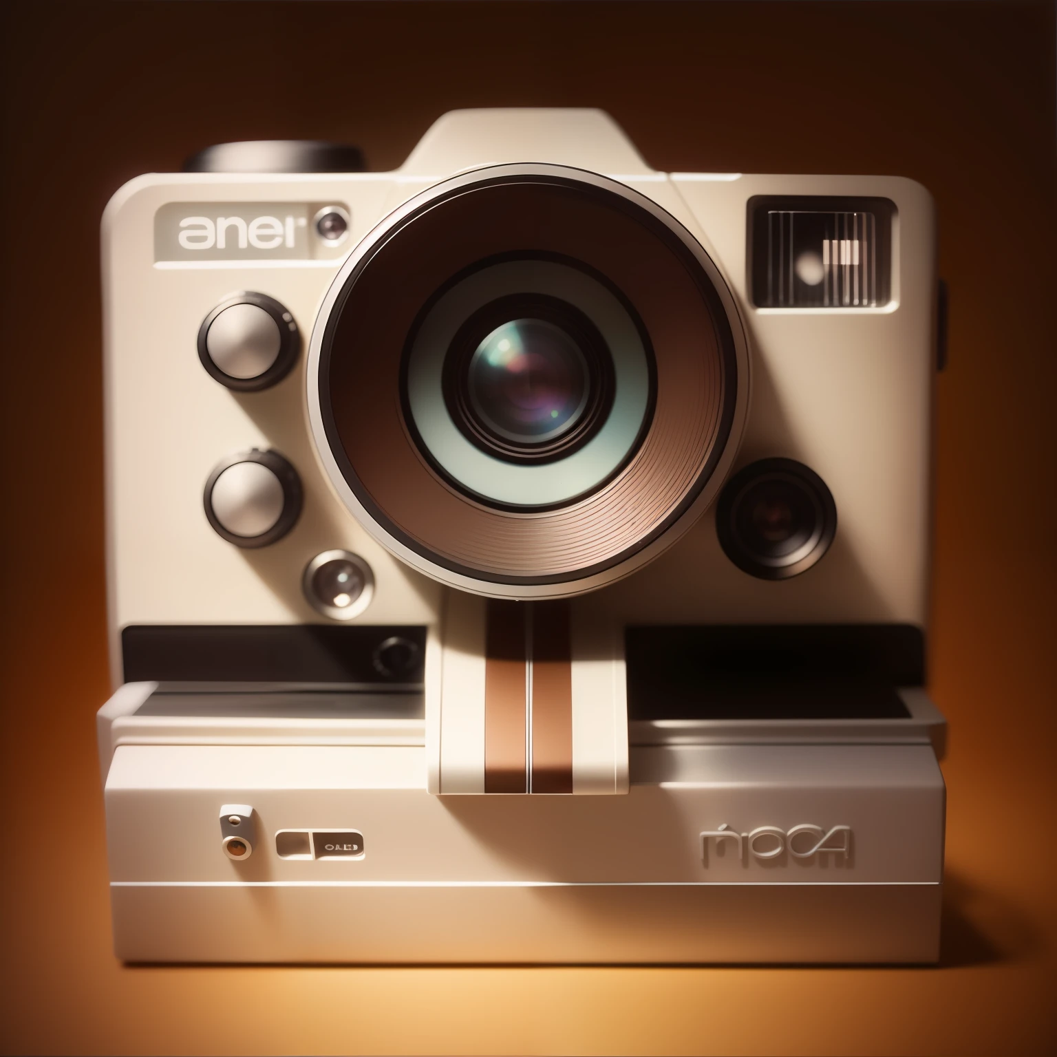 Vintage futuristic, camera close-up with white background and brown and white camera, color film camera, polaroid camera, 8 0s camera, instant photography, film camera style, vintage camera, vintage polaroid, new polaroid, iPhone camera, analog camera, toy camera, film camera, kodak chrome camera, polaroid, [realistic photo]!, kodak brownie camera