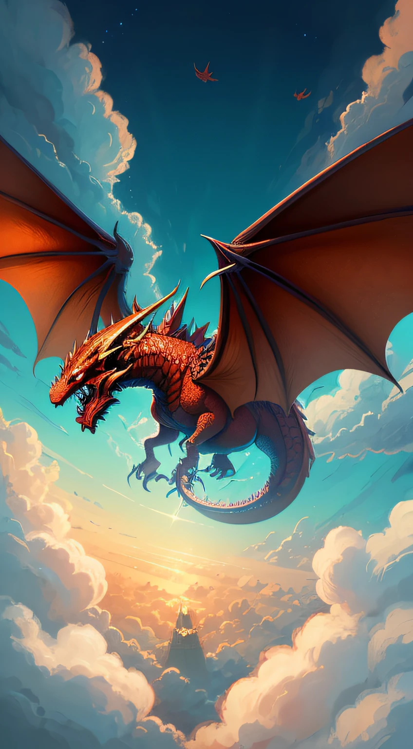 Red dragon, cartoon, cute, jeepley studio, full body photo, flying in the sky, laughing at the screen, 8k, ultra clear, two-dimensional --auto