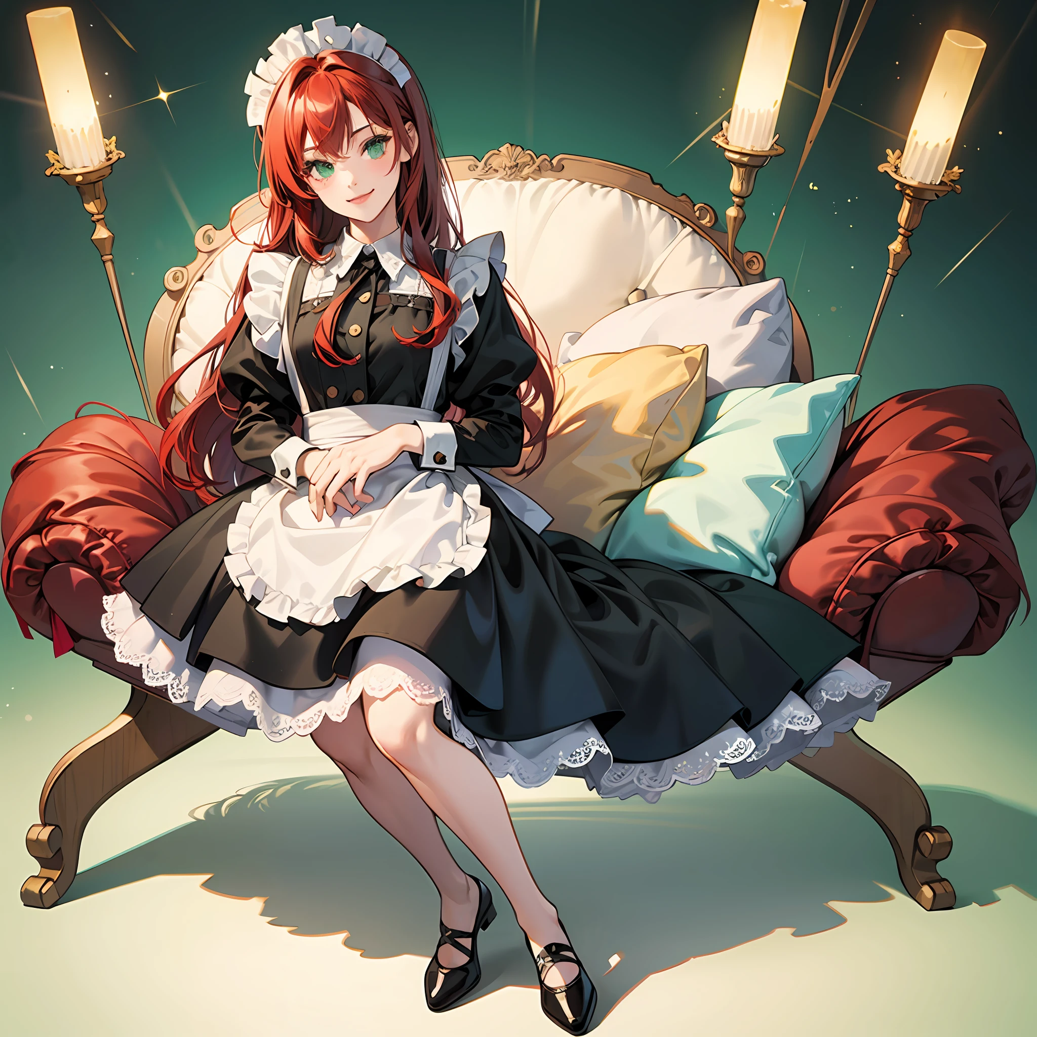 2D illustration, red hair, long hair, inner color green, big eyes, sagging eyes, maid clothes, lace, super cute, smile, full body, one girl --auto