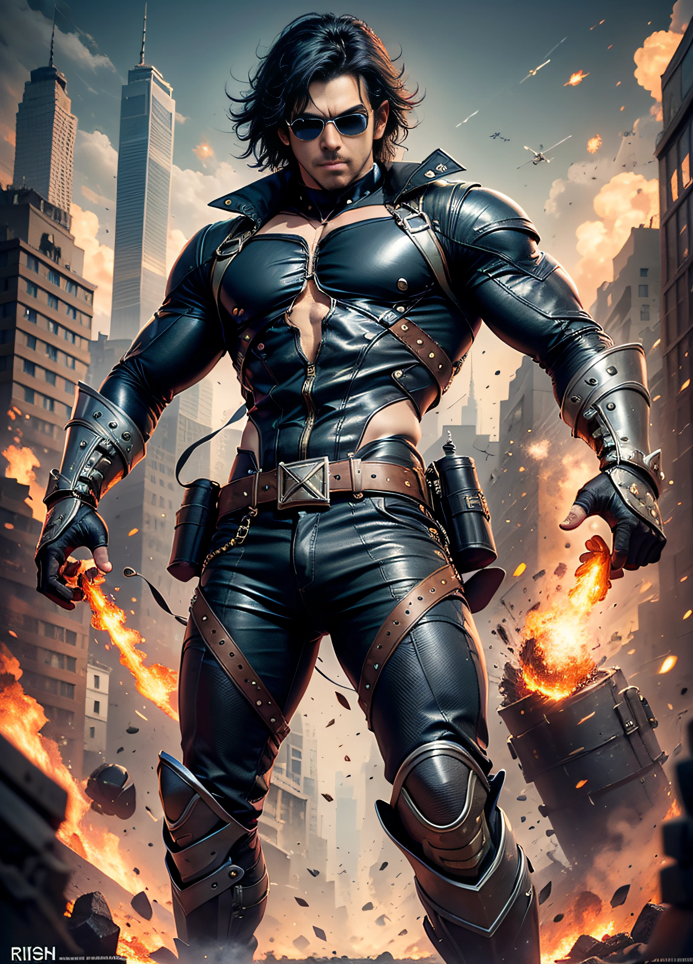 Movie poster krrish, sunglasses, rivets, explosions, guns, planes, one person, full body.