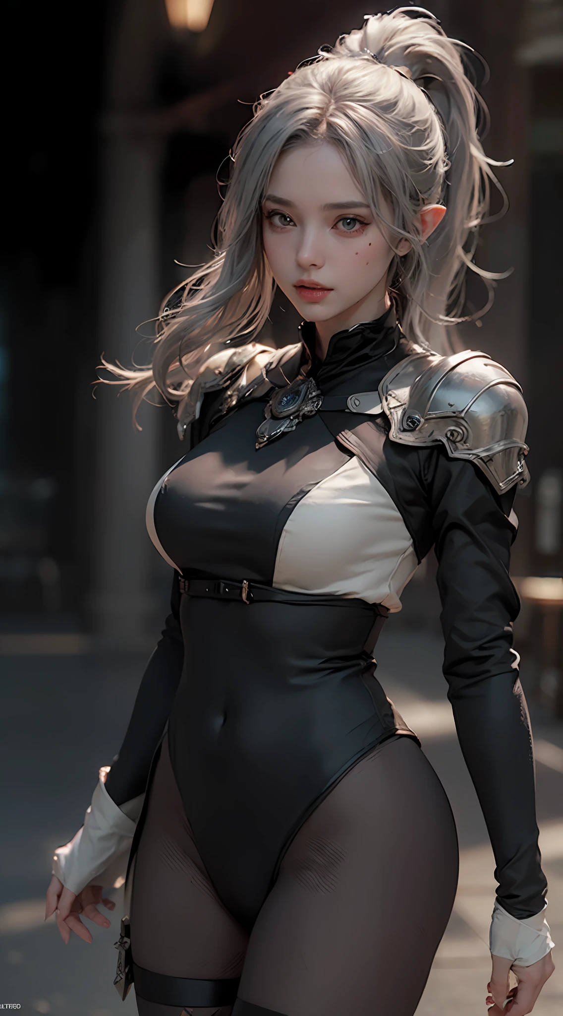 ((Best Quality)), ((Masterpiece)), (Details: 1.4), 3D, A Beautiful Elven Female Figure, (Tights: 1.4) (Silver Hair, High Ponytail: 1.4) (Western European Fantasy Background: 1.4) (Fantasy Wind) HDR (High Dynamic Range), Ray Tracing, NVIDIA RTX, Super-Resolution, Unreal 5, Subsurface Scattering, PBR Texture, Post-processing, Anisotropic Filtering, Depth of Field, Maximum Clarity and Clarity, Multi-layer Textures, Albedo and Specular Mapping, Surface Coloring, Accurate Simulation of Light-Material Interactions, Perfect Proportions, Octane Render, Bicolor Light, Large Aperture, Low ISO, White Balance, Rule of Thirds, 8K RAW,