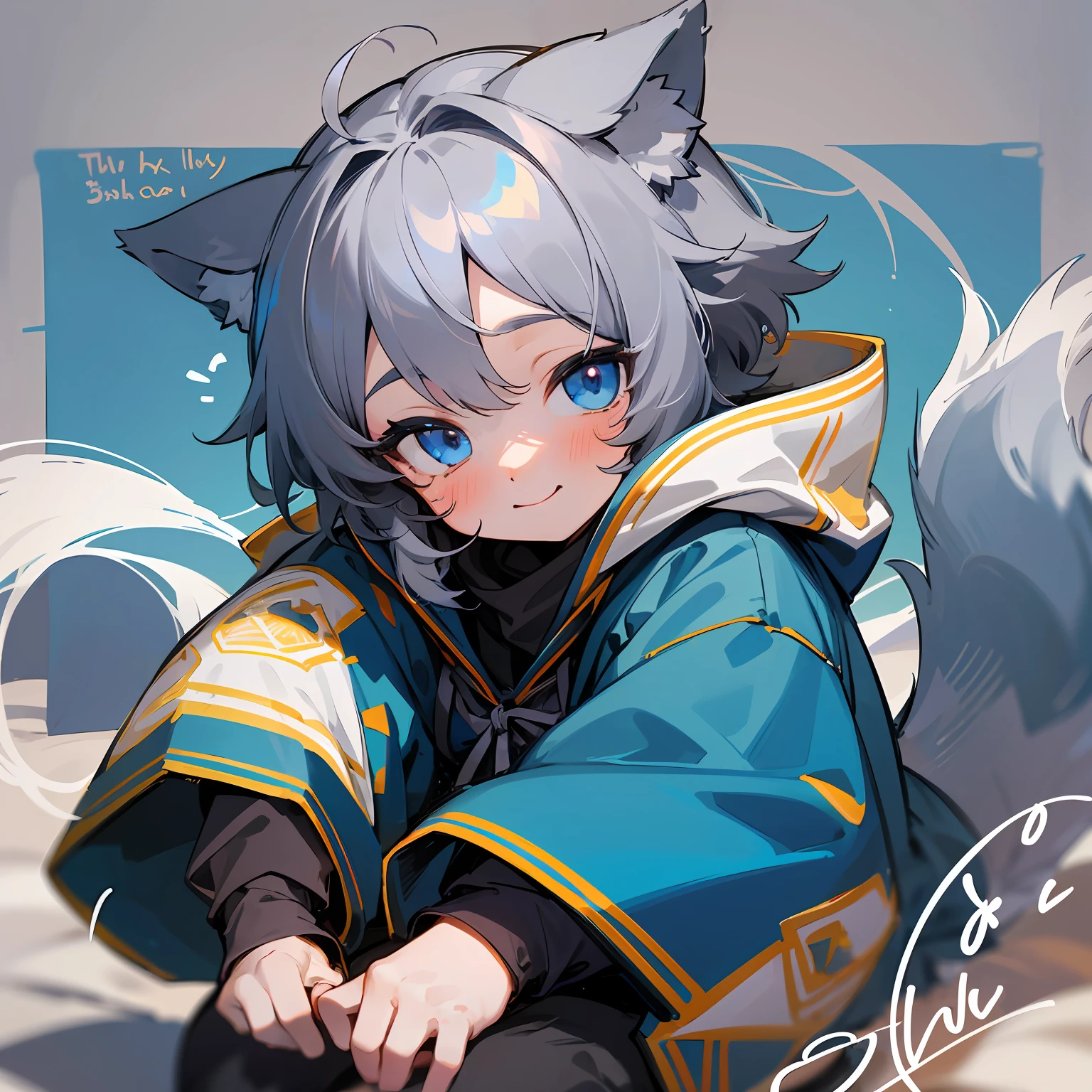 (1boy), (Shota), (HD quality, masterpiece level), cute teen character, dark gray hair, blue eyes, (wolf ears), (wolf tail), one tail, (no ears), little boy, (ears covered), (hair covered ears), a pinch of blue bangs, full body picture, chubby face, happy, cute feet, cute face, solo,