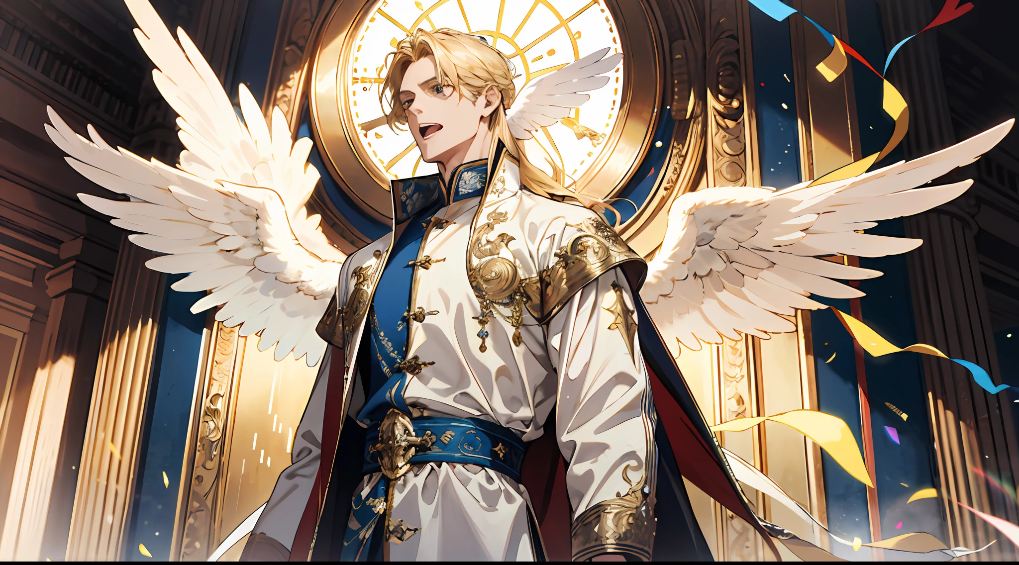 (absurd, high resolution), (panorama) (1 male), middle-aged, long blonde hair, blue and white dress, golden decoration, (tall), open mouth, 3 pairs of huge wings, broad arms, angel, palace, powerful, majestic, intense luster, white-gold dress, exquisite clothes, streamers, golden magic all over the body,