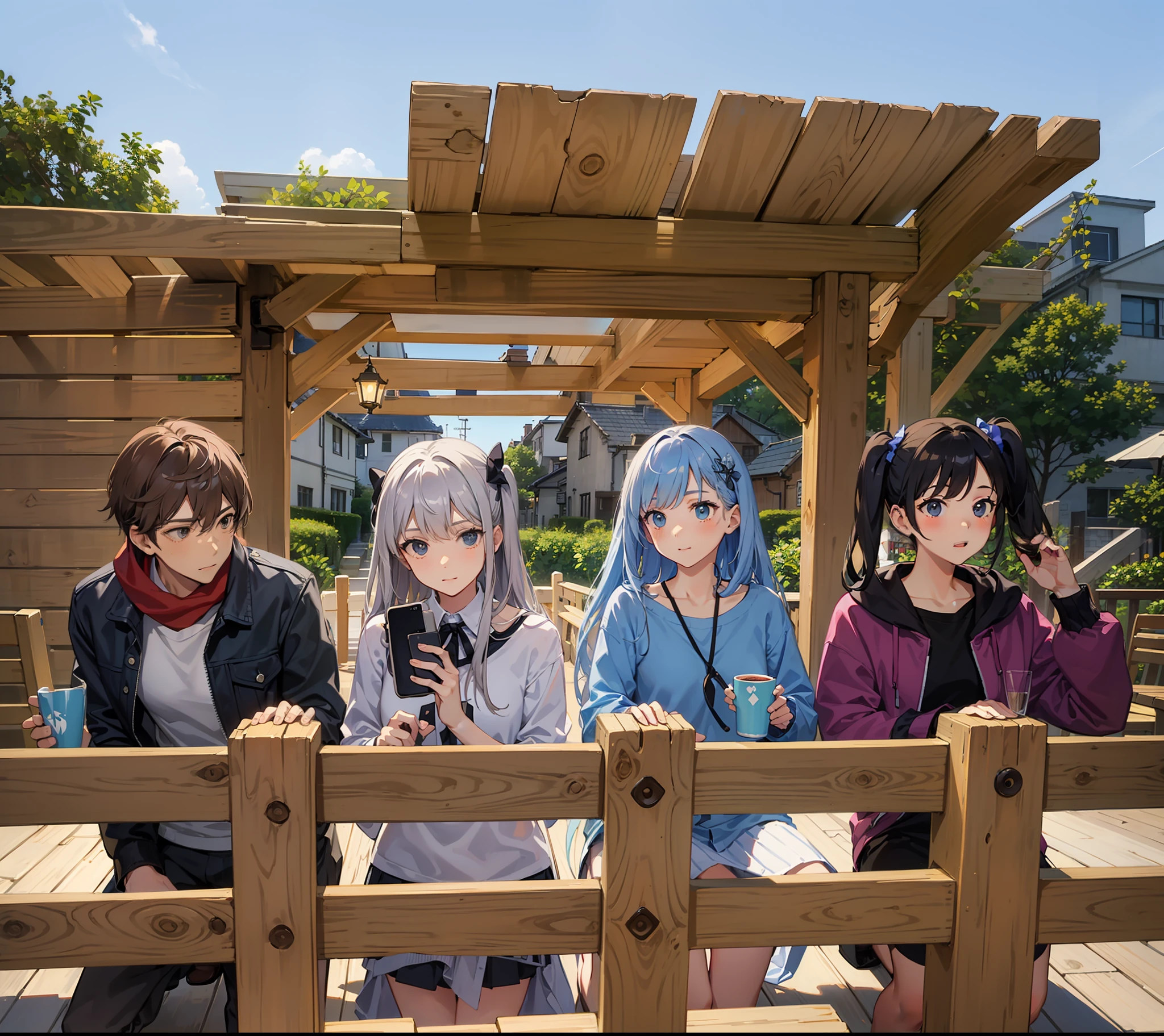 Masterpiece, four people, fence, roof, wooden floor, group photo, café