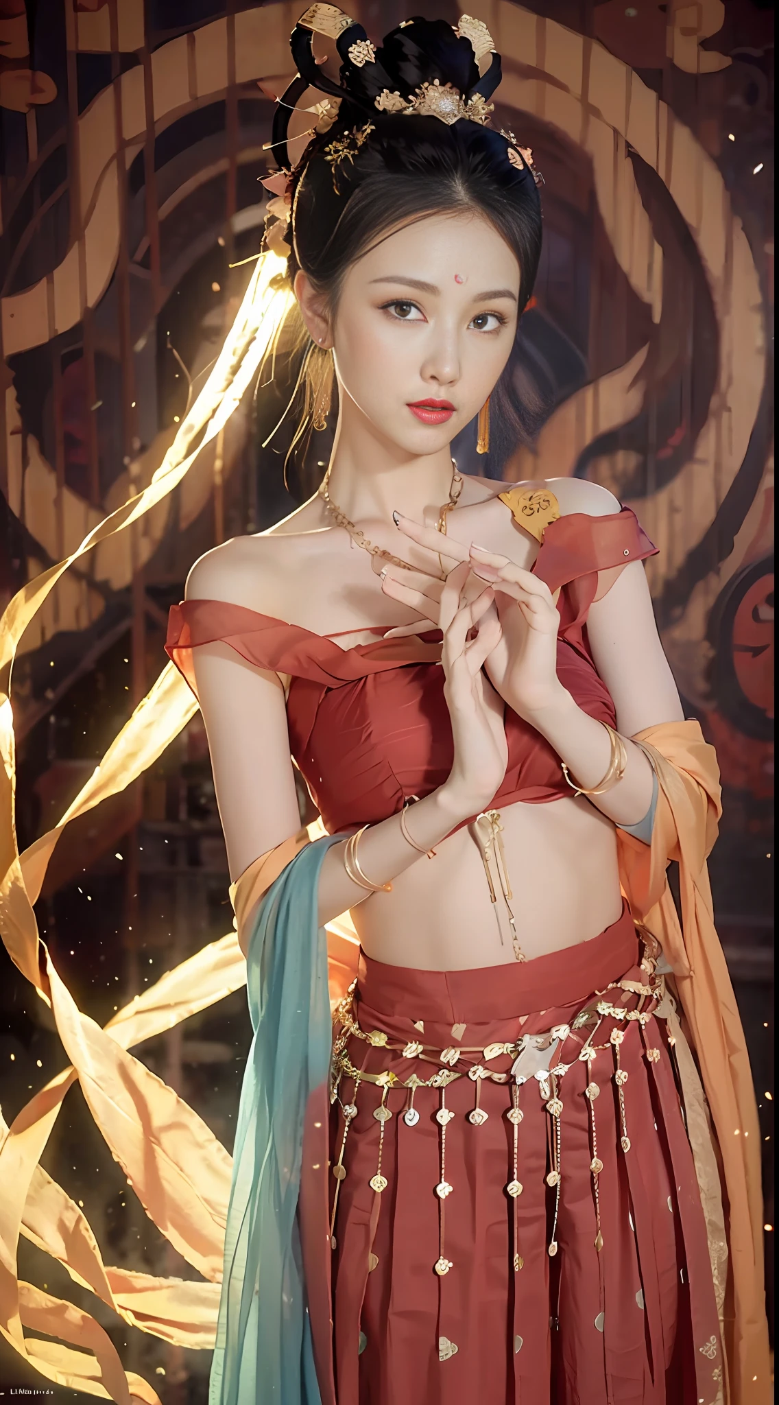(8k, RAW photo, best quality, masterpiece:1.2), (realistic, photo-realistic:1.4), (extremely detailed CG unity 8k wallpaper), (1 girl:1.5), Western beauty, (Red clothes: 1.4), red spots on forehead, pale skin, blush, big eyes, full body, thighs, open navel, gold waist chain, gold jewelry, flying ribbons, particles, background is Loulan ancient city, ancient city wall, desert, dance, dunhuang_dress, dunhuang_style,