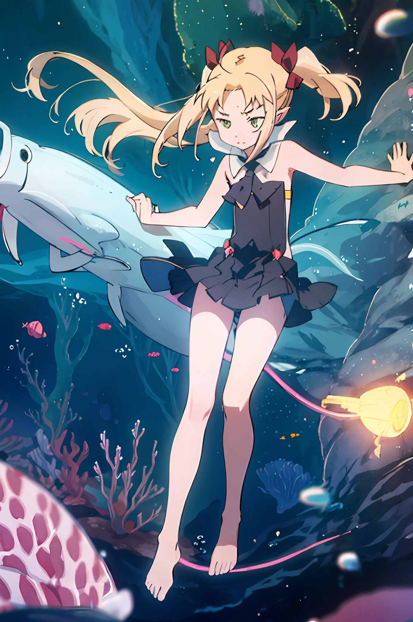 Underwater beauty, jk skirt, double ponytail, floating, full body, deep water