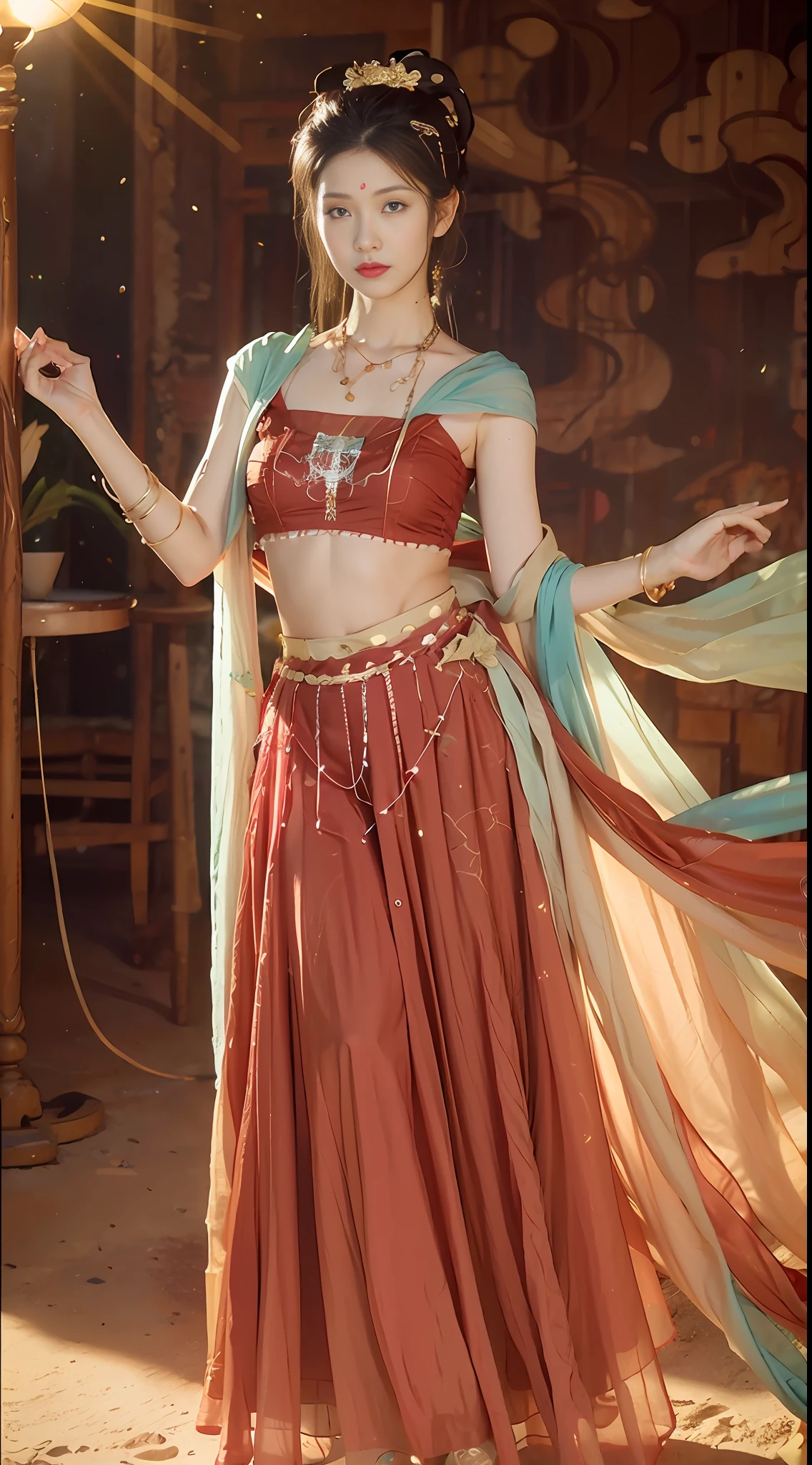 (8k, RAW photo, best quality, masterpiece:1.2), (realistic, photo-realistic:1.4), (extremely detailed CG unity 8k wallpaper), (1 girl:1.5), Western beauty, (Red clothes: 1.4), red spots on forehead, pale skin, blush, big eyes, full body, thighs, open navel, gold waist chain, gold jewelry, flying ribbons, particles, background is Loulan ancient city, ancient city wall, desert, dance, dunhuang_dress, dunhuang_style,