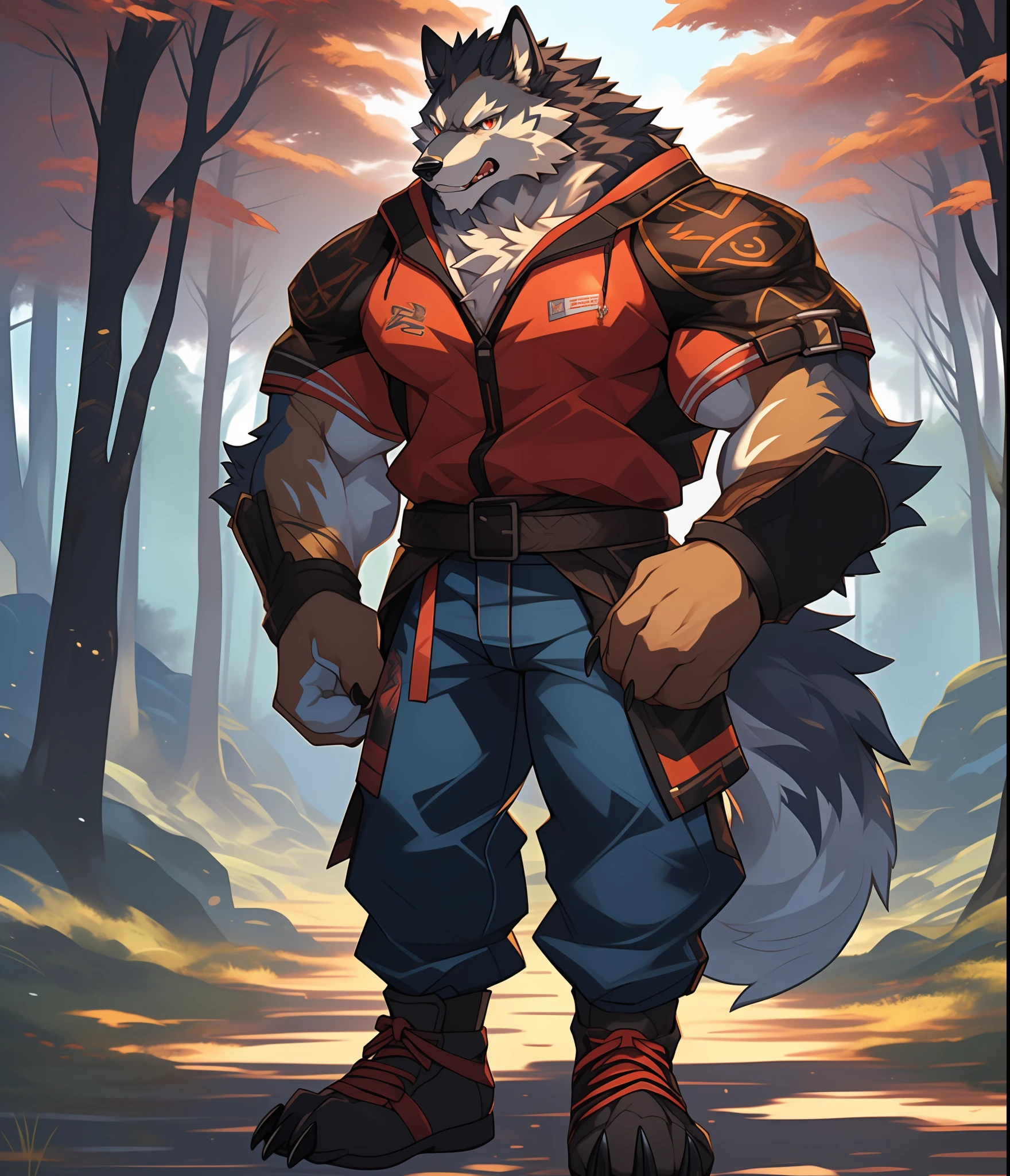 Furry muscular werewolf male wearing only pants, furry art, muscle werewolf, High Resolution Committee, Full body committee, delicate eyes, pupil color is orange-gold, Furry color black, furry anime, Fursona furry art committee, Furry Flsona, Gorgeous werewolf Fusona, Hairy, one-handed crossed waist, Furry art, Expression fierce, tsundere, 1boy, a long furry wolf tail, staring at the screen, sharp claws, two legs, standing on both feet, human wolf, As a character in Tekken, Flsona Art, Background, Forest Path