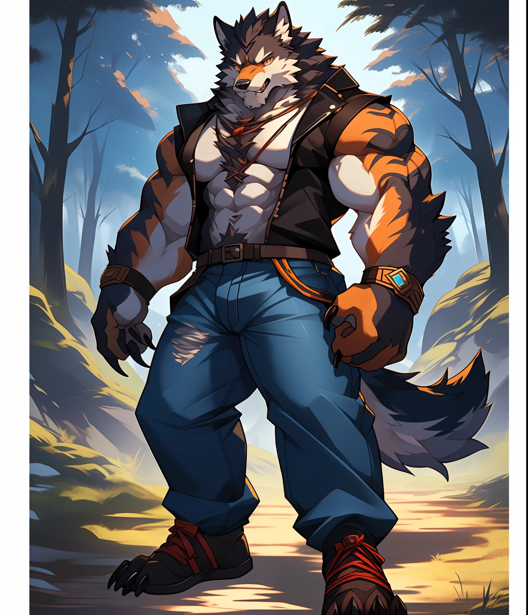 Furry muscular werewolf male wearing only pants, furry art, muscle werewolf, High Resolution Committee, Full body committee, delicate eyes, pupil color is orange-gold, Furry color black, furry anime, Fursona furry art committee, Furry Flsona, Gorgeous werewolf Fusona, Hairy, one-handed crossed waist, Furry art, Expression fierce, tsundere, 1boy, a long furry wolf tail, staring at the screen, sharp claws, two legs, standing on both feet, human wolf, As a character in Tekken, Flsona Art, Background, Forest Path