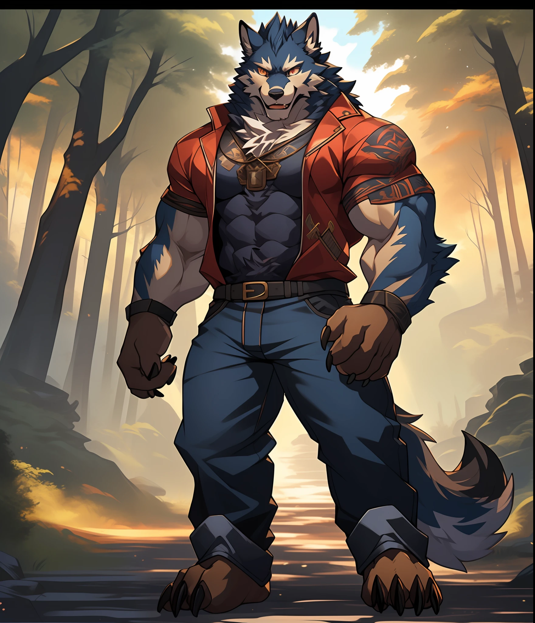 Furry muscular werewolf male wearing only pants, furry art, muscle werewolf, High Resolution Committee, Full body committee, delicate eyes, pupil color is orange-gold, Furry color black, furry anime, Fursona furry art committee, Furry Flsona, Gorgeous werewolf Fusona, Hairy, one-handed crossed waist, Furry art, Expression fierce, tsundere, 1boy, a long furry wolf tail, staring at the screen, sharp claws, two legs, standing on both feet, human wolf, As a character in Tekken, Flsona Art, Background, Forest Path