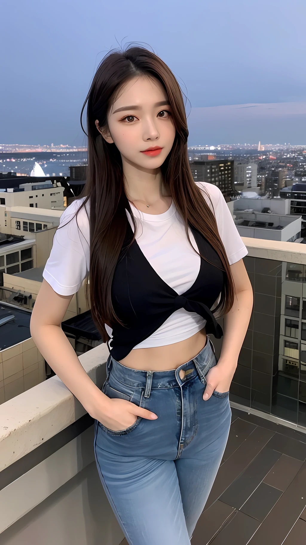 ((Midnight, Best quality, 8k, Masterpiece :1.3)), Whole body, Long legs, Sharp focus :1.2, A pretty woman with perfect figure :1.4, Slender abs :1.1, ((Dark brown hair, Big breasts :1.2)), (White tight tshirt, Jean bib, Standing:1.2), ((Night city view, Rooftop:1.3)), Highly detailed face and skin texture, Detailed eyes, Double eyelid