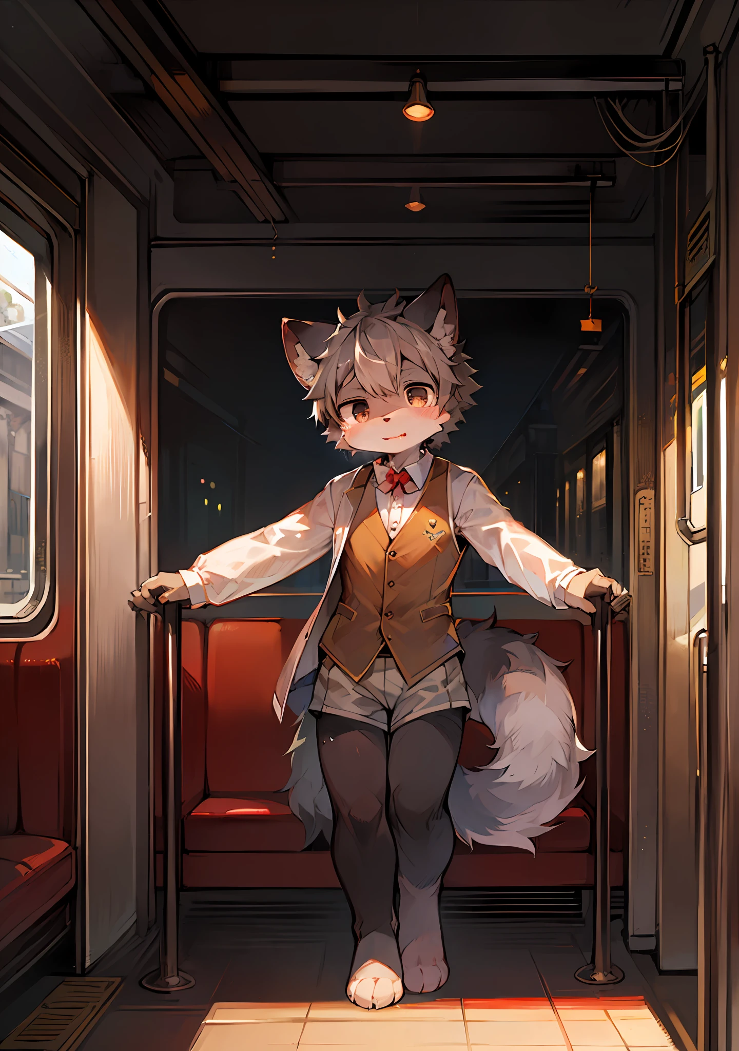 (Bright Color: 0.8), Masterpiece, High Quality, Abstract Res, Digital Painting\(Artwork\), by Dagasi, Yupa, Kiyosan, (Anthro, Fluffy Fur, Character Focus: 1.1), Anthro Male Cat, Short Hair, Portrait , bright eyes, panorama, character focus. (Background: 0.7), Solo, Furry, Furry Male, Male Focus, Anthr, (Full Body Fur, Fluffy Tail, Gray Fur, Black Eyes, Gray Hair: 1.2), (Long Canids, White Clothes, Beige Vest: 1.2), (Daytime, Station, Train: 1.1), (Nikon Camera)