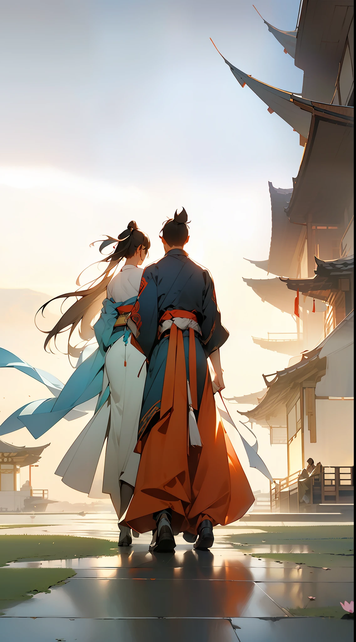 (Two people, 1 woman and 1 man), walking on the road together, (two wearing gorgeous Hanfu), two separate pictures, atmosphere touching, backlight, wind, half-body, third-person perspective, 8k, masterpiece, best quality
