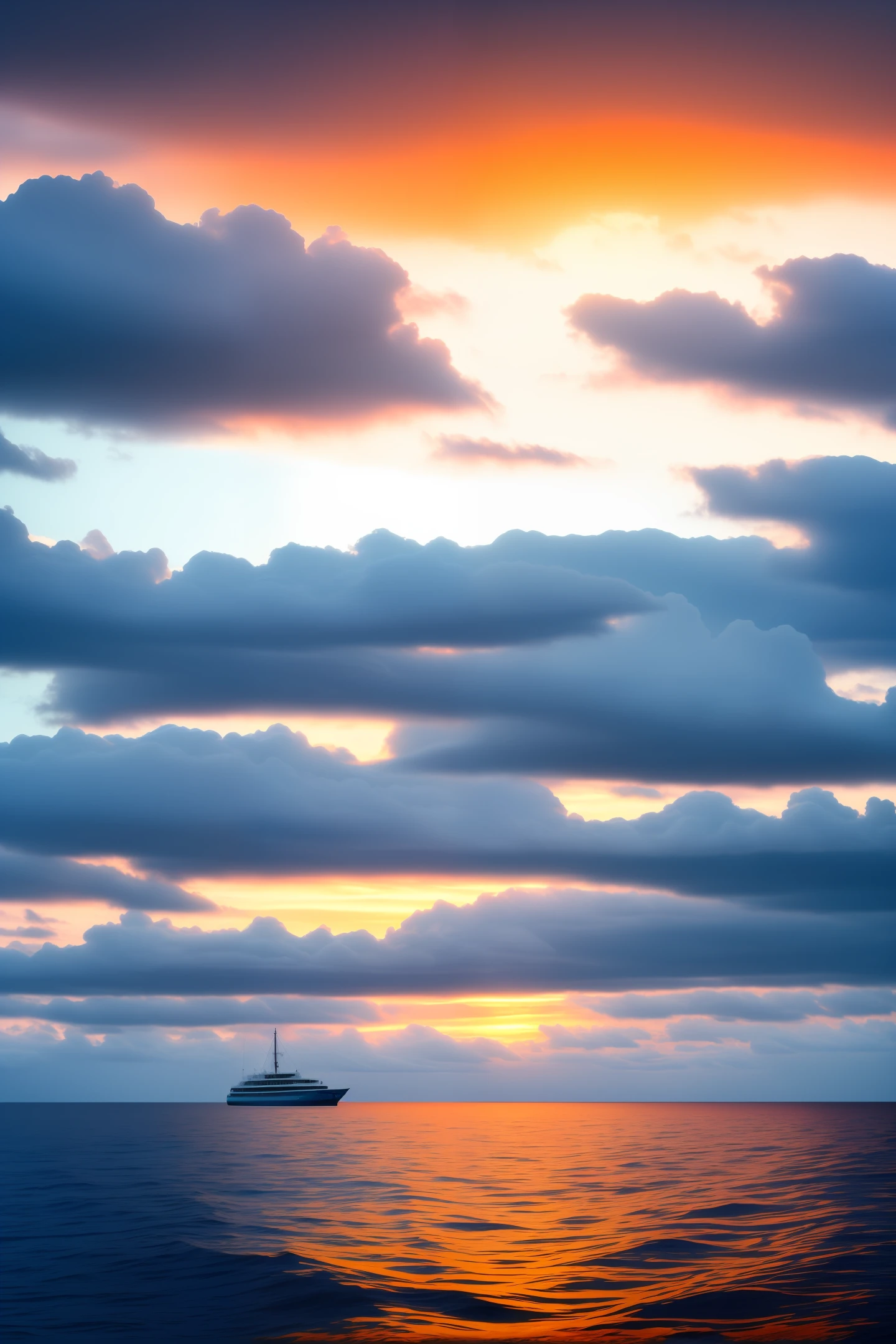 Realistic ocean with a sunset background cruise with stormy whale clouds rising from the sea.