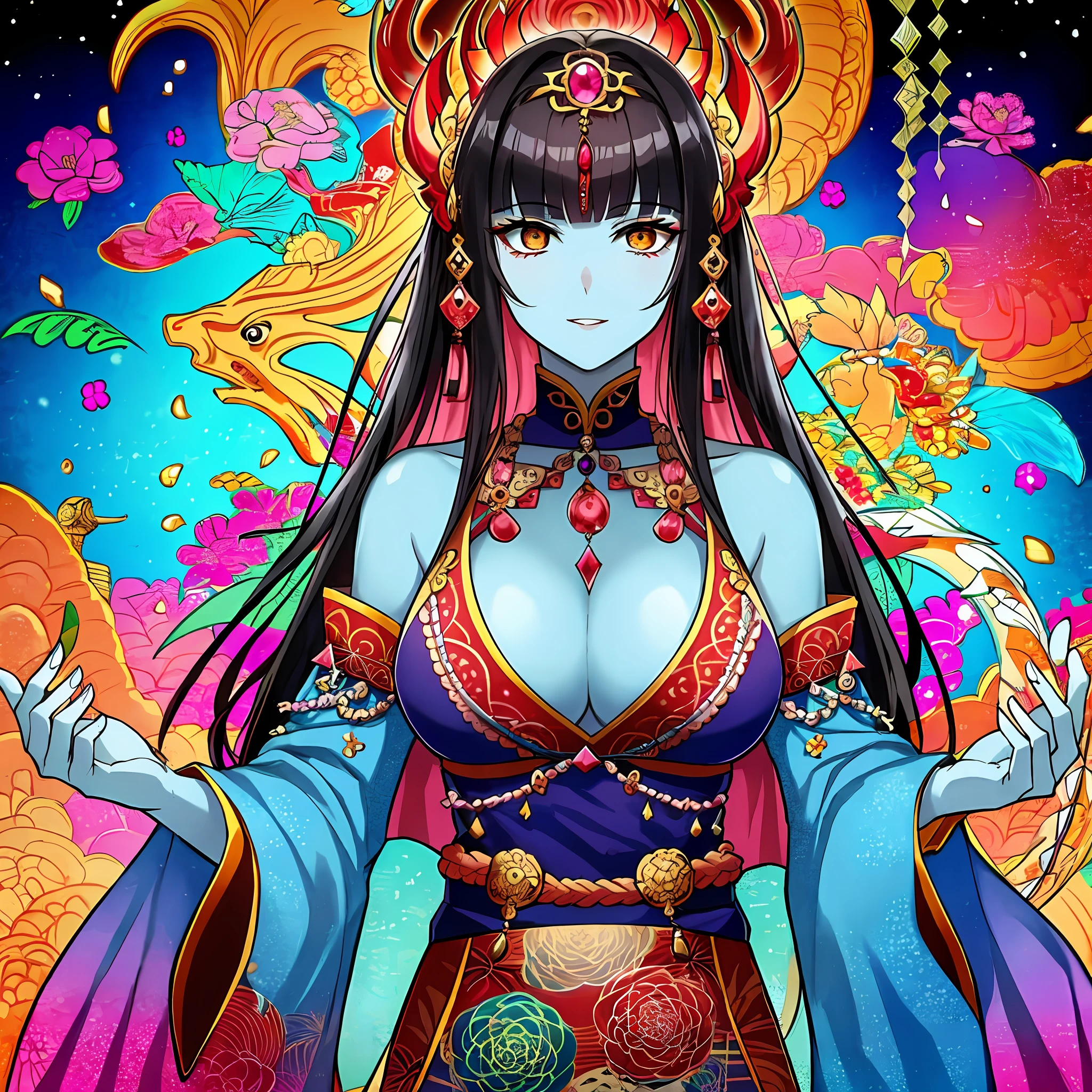 (Masterpiece, Top Quality, Best Quality, Official Art, Beautiful and Aesthetic: 1.2), (1 Girl: 1.3), Very Detailed, (Fractal Art: 1.2), Colorful, Best Detailed, (Zentangle: 1.2), (Dynamic Pose), (Abstract Background: 1.5), (Shiny Skin), (Many colors: 1.4), Upper Body, Bewitching, Mandala, Chakra, Benzaiten, Dressed as a Priestess, Ryujin, dragon flies, universe, realistic Japan woman, precision human, crystal clear skin, glamorous