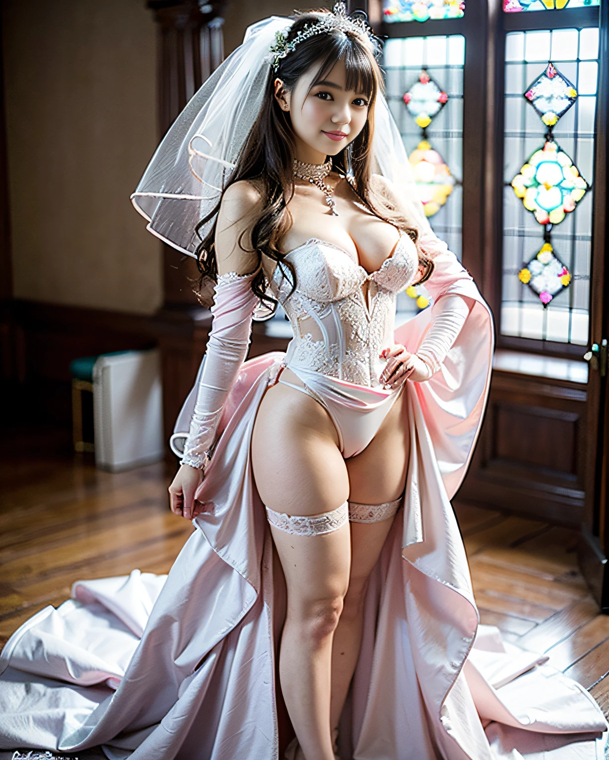 (((1))),((Photorealistic))), ((AKB 48)), ((Full body photo)), (Lens flare)))),((Backlight)), (Inside the Church))(Virgin Road)))), Tiara,(Smile)),((NIKON Z))),(20 years old)),((Larger bust)), ((((Pink Wedding Dress)))) , (((Pore feeling)))), ((skin feeling)))), (((Photorealism: 6, Realistic)))), (((sideways and turning around pose)),Perfect breast shape, bare buttocks, long hair, ribbon, hair ornament, pale skin, looking at viewer, big hips, big cleavage, full body standing position, slave collar, high leg cut panties, looking at camera, smile, gal, chubby figure, Japan person