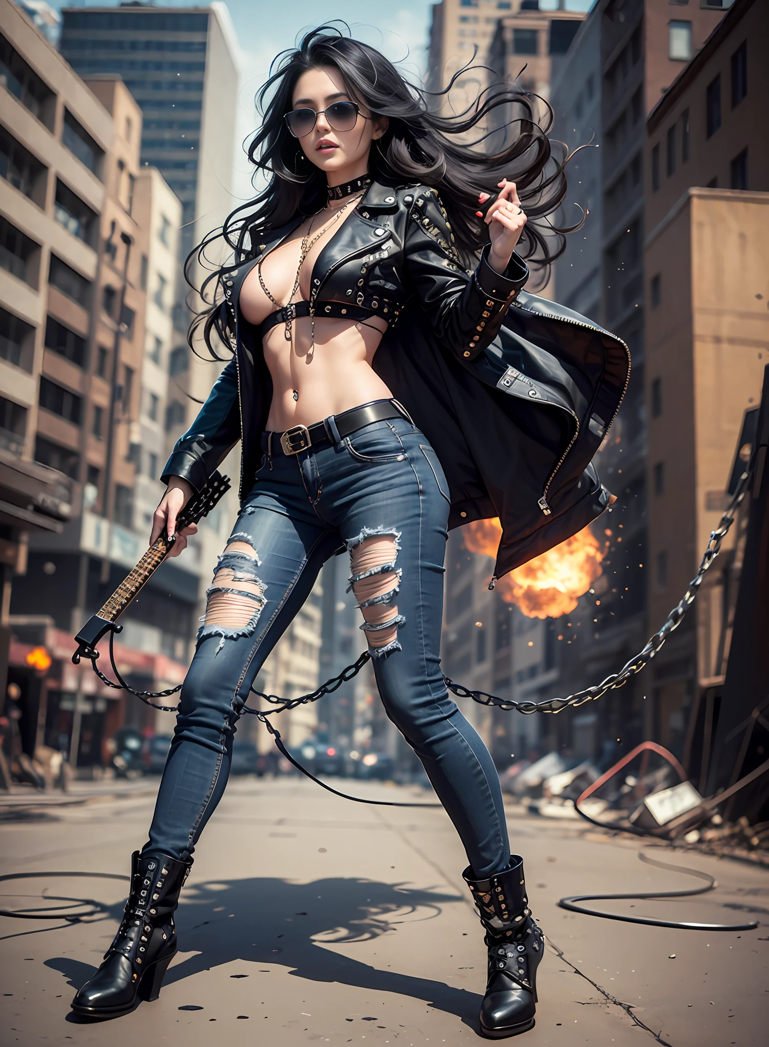 European Woman Metal Singer, long black hair, sunglasses, big chest, dark jeans, rivets, pants, belts, chains, plays white and black guitar. full body. explosions behind.