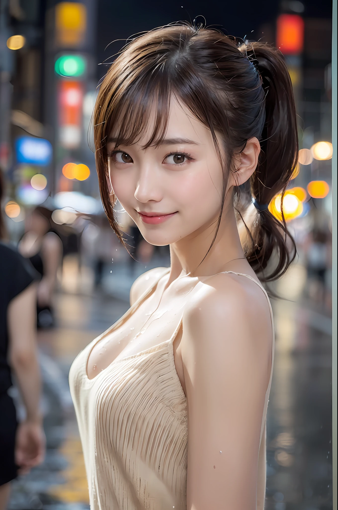 ((64K, UHD, Best Quality, Masterpiece: 1.2), (Realistic, Photorealistic: 1.37), Ultra Detail, (Tokyo, Busy Street, Night, Rain: 1.2), Professional Lighting, Photon Mapping, Radiosity, Physically Based Rendering, Masterpiece, Rich Detail, (Fine Face),(Fine Eyes), (Clear Face), (Detailed Face Description), (Detailed Hand Description), ( masterpiece), realistic, extreme light and shadow, shiny skin,shiny hair, wet skin, one girl, 18 years old, Japan, cute, (smile,happy:1.2)(gradient brown hair, short hair, arms raised to tie hair up, ponytail: 1.2),small back, slender: 1.2, double, disheveled hair, fine collarbone, clavicle, (small breasts, flat chest: 1.37), (front view, cowboy shot: 1.3), (knitted deep V-neckline slip dress, micro mini, sideboob, bare waist, bare armpit, cleavage, with hair tied in mouth: 1.2), face focus