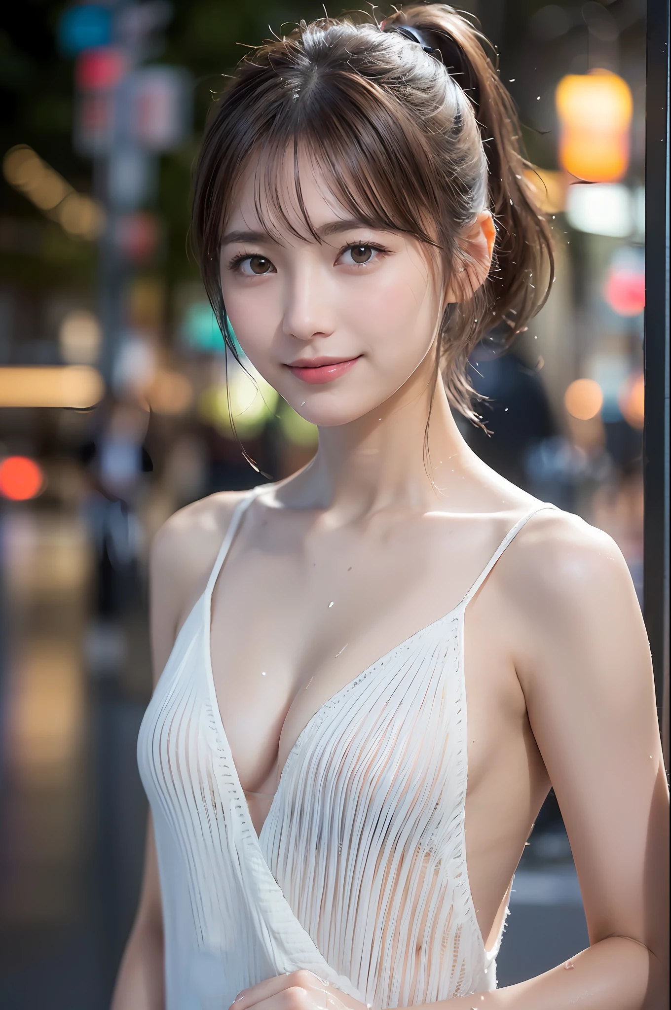 ((64K, UHD, Best Quality, Masterpiece: 1.2), (Realistic, Photorealistic: 1.37), Ultra Detail, (Tokyo, Busy Street, Night, Rain: 1.2), Professional Lighting, Photon Mapping, Radiosity, Physically Based Rendering, Masterpiece, Rich Detail, (Fine Face),(Fine Eyes), (Clear Face), (Detailed Face Description), (Detailed Hand Description), ( masterpiece), realistic, extreme light and shadow, shiny skin,shiny hair, wet skin, one girl, 18 years old, Japan, cute, (smile,happy:1.2)(gradient brown hair, short hair, arms raised to tie hair up, ponytail: 1.2),small back, slender: 1.2, double, disheveled hair, fine collarbone, clavicle, (small breasts, flat chest: 1.37), (front view, cowboy shot: 1.3), (knitted deep V-neckline slip dress, micro mini, sideboob, bare waist, bare armpit, cleavage, with hair tied in mouth: 1.2), face focus