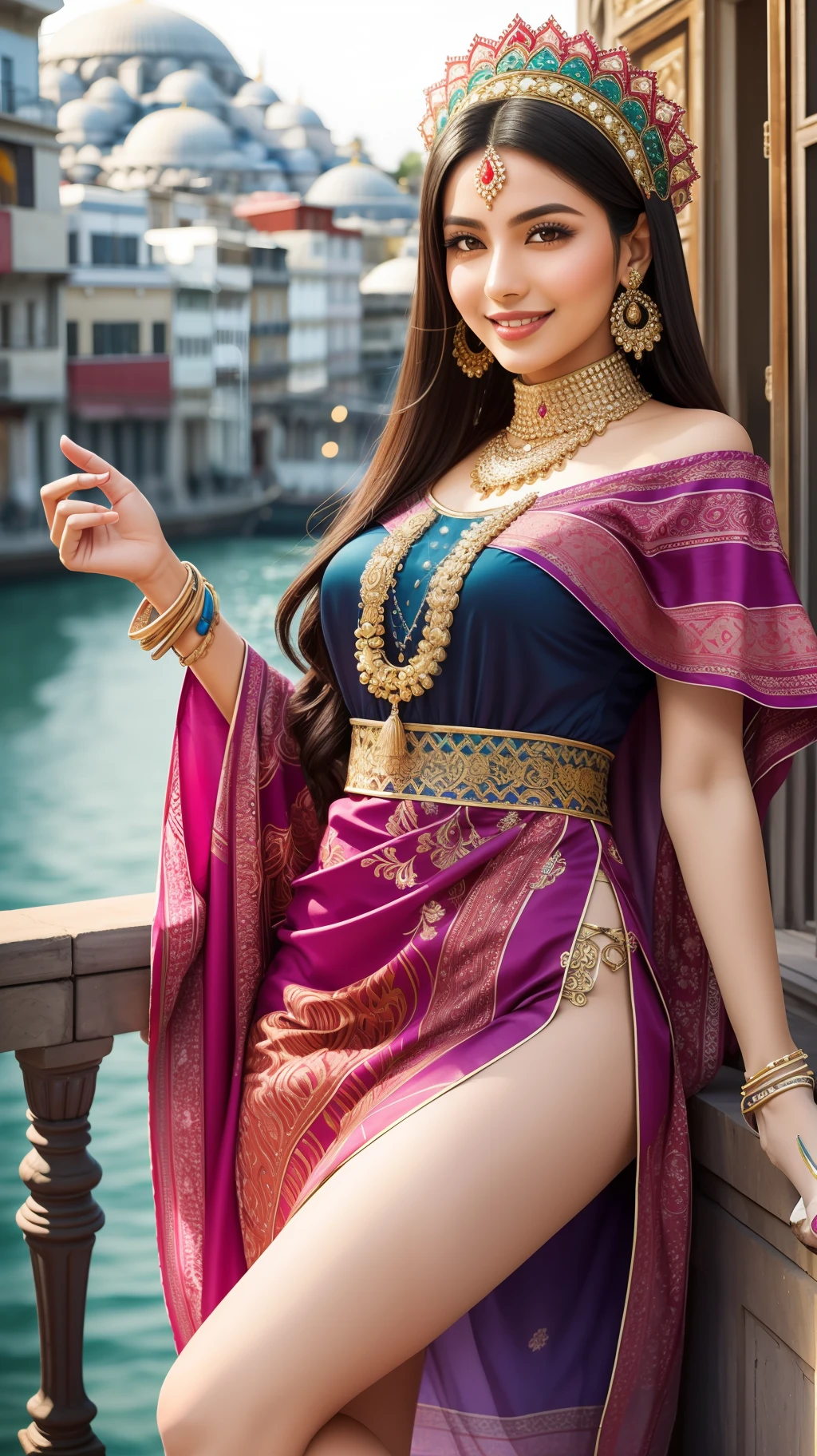 Istanbul embraces her rich heritage with a fusion of Eastern and Western influences in her attire. She wears a vibrant, flowing kaftan with intricate embroidery. A colorful silk scarf adorns her head, and she completes the look with bejeweled sandals.
Looks: Istanbul's beauty is captivating, with her olive skin, deep brown eyes, and luscious dark hair cascading down her shoulders. Her smile is warm and inviting, reflecting her hospitality.
Background: Istanbul is a city bridging two continents, a cultural crossroads where East meets West. She has a deep appreciation for history, architecture, and culinary delights. Istanbul's charm lies in her ability to bring diverse cultures together