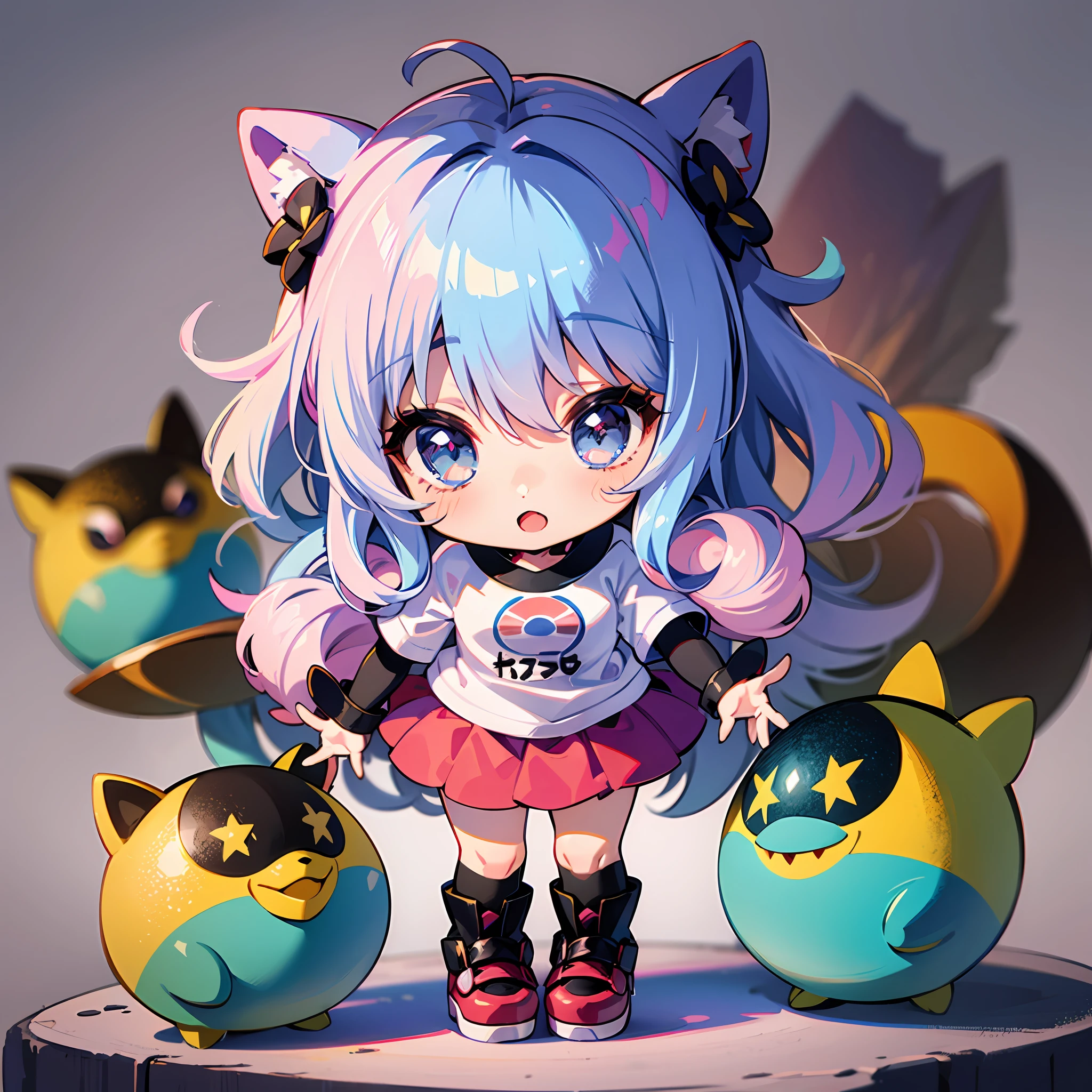 ((Sticker: 1.5))), ((Chibi character)), (white background), Fluffy, Girl, High School, Pokémon Nanjamo costume, Minanjamo, Nanjamo pose, Chibi character, Full body, pastel colored hair, fairytale, fantastic, rainbow, t-shirt design, masterpiece, highest quality, 16k