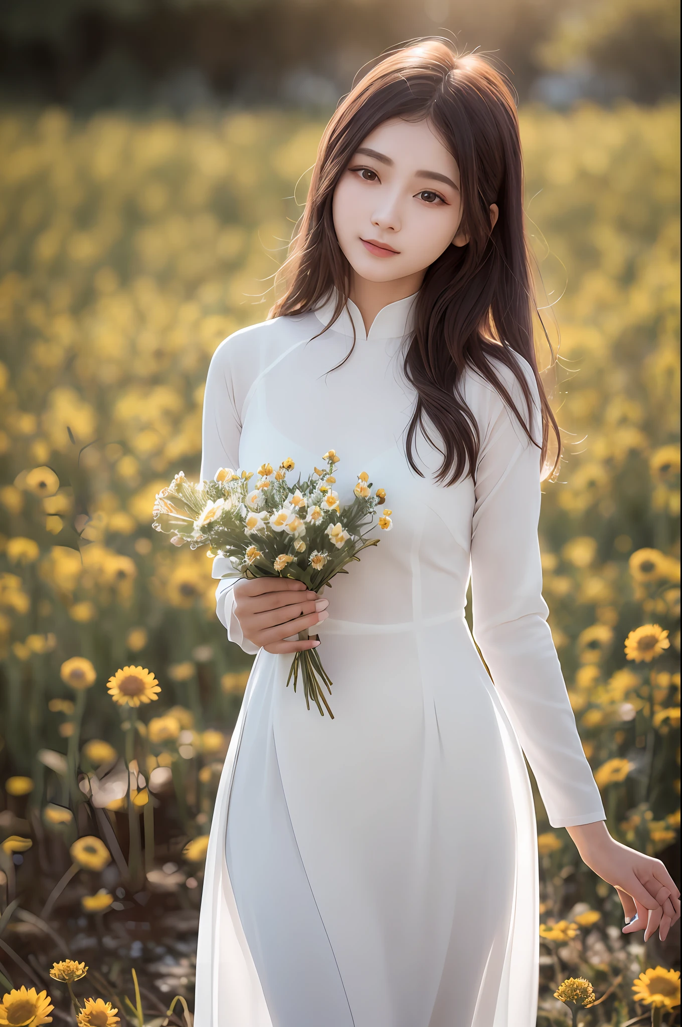 a beautiful girl in white aodai , masterpiece, best quality, realistic:1.3,in a field of flowers, holding bundle of flowers, sunlight, backlighting