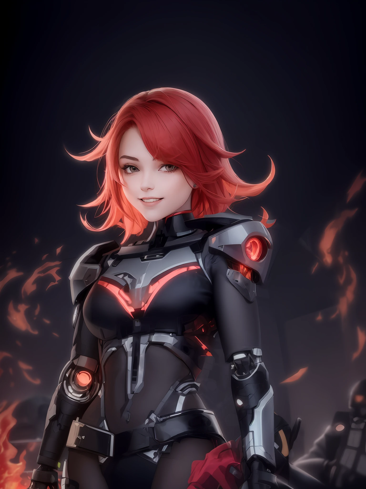 Cartoon of a woman with red hair and a black shirt, cyborg - girl with fire red hair, cyborg merchant girl young girl shaded art style. She is smiling for a photo with a brunette and attractive face, Brazilian woman. Photo with black background