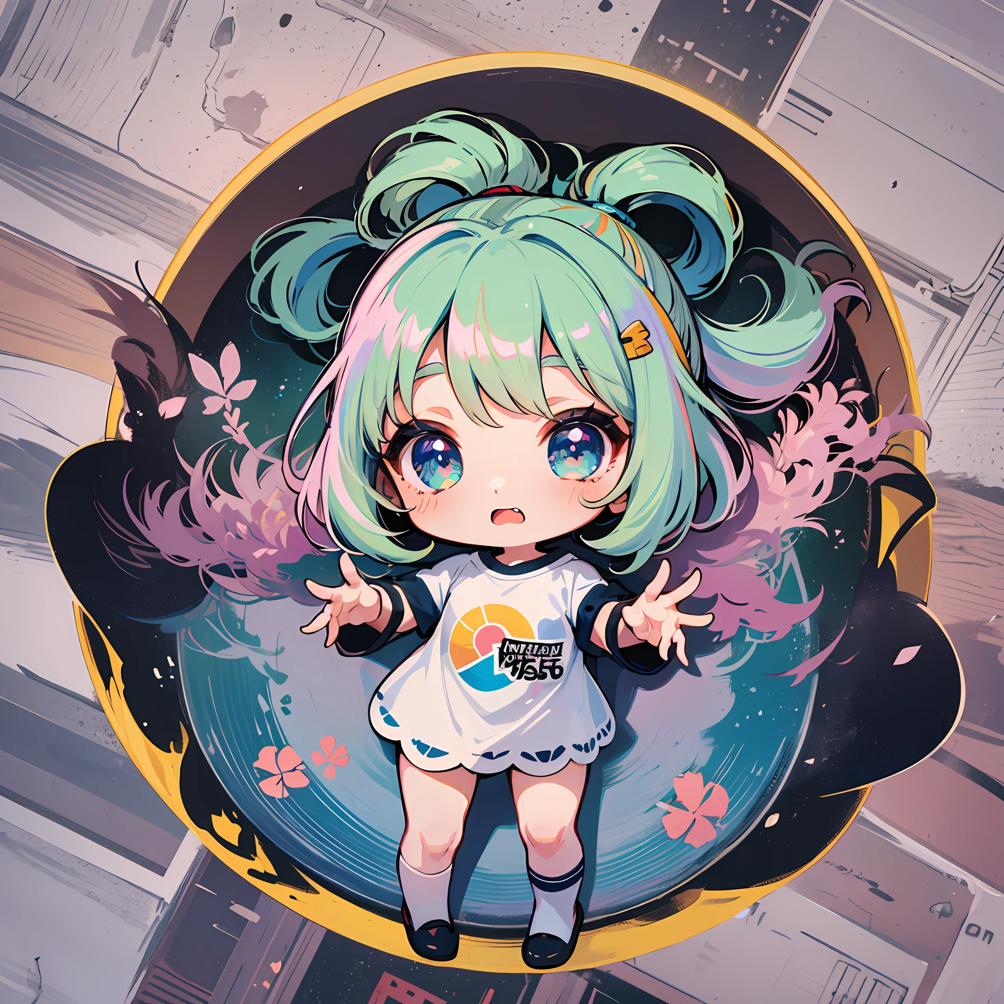 ((Sticker: 1.5))), ((Chibi character)), (white background), Fluffy, Girl, High School, Pokémon Nanjamo costume, Minanjamo, Nanjamo pose, Chibi character, Full body, pastel colored hair, fairytale, fantastic, rainbow, t-shirt design, masterpiece, highest quality, 16k