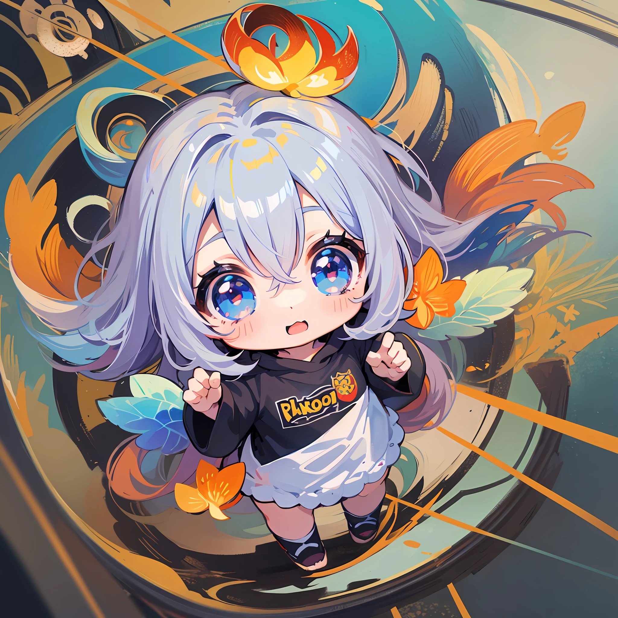 ((Sticker: 1.5))), ((Chibi character)), (white background), Fluffy, Girl, High School, Pokémon Nanjamo costume, Minanjamo, Nanjamo pose, Chibi character, Full body, pastel colored hair, fairytale, fantastic, rainbow, t-shirt design, masterpiece, highest quality, 16k
